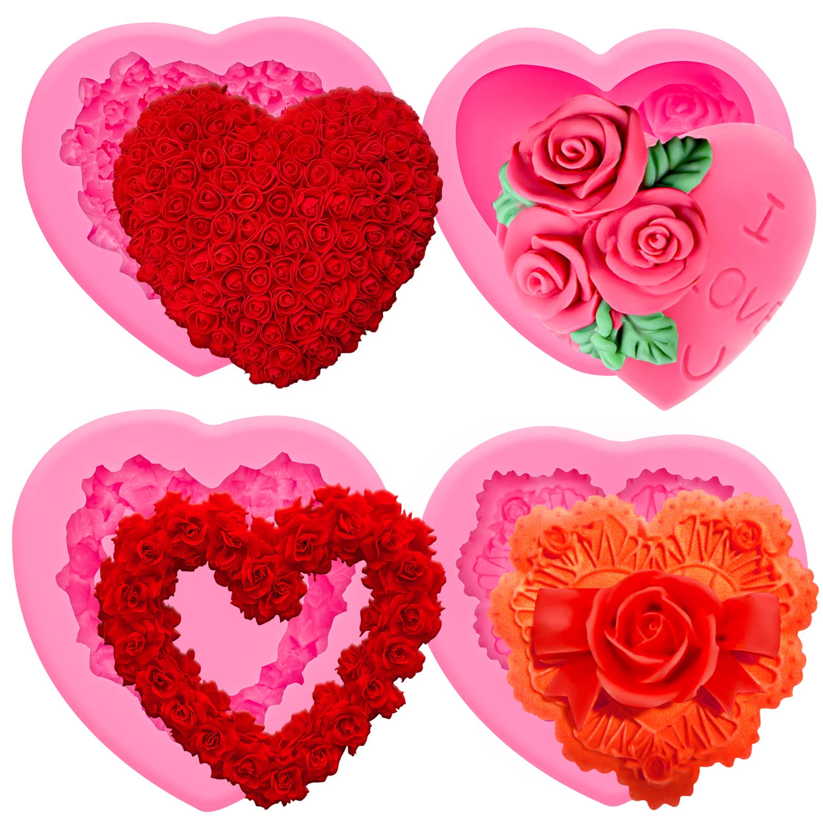 4 Pcs 3D Rose Flower Silicone Molds, Valentine's Day Fondant Chocolate Candy Molds, Heart Cake Mold for Soap Sugar Craft DIY Wax Making Party Supplies