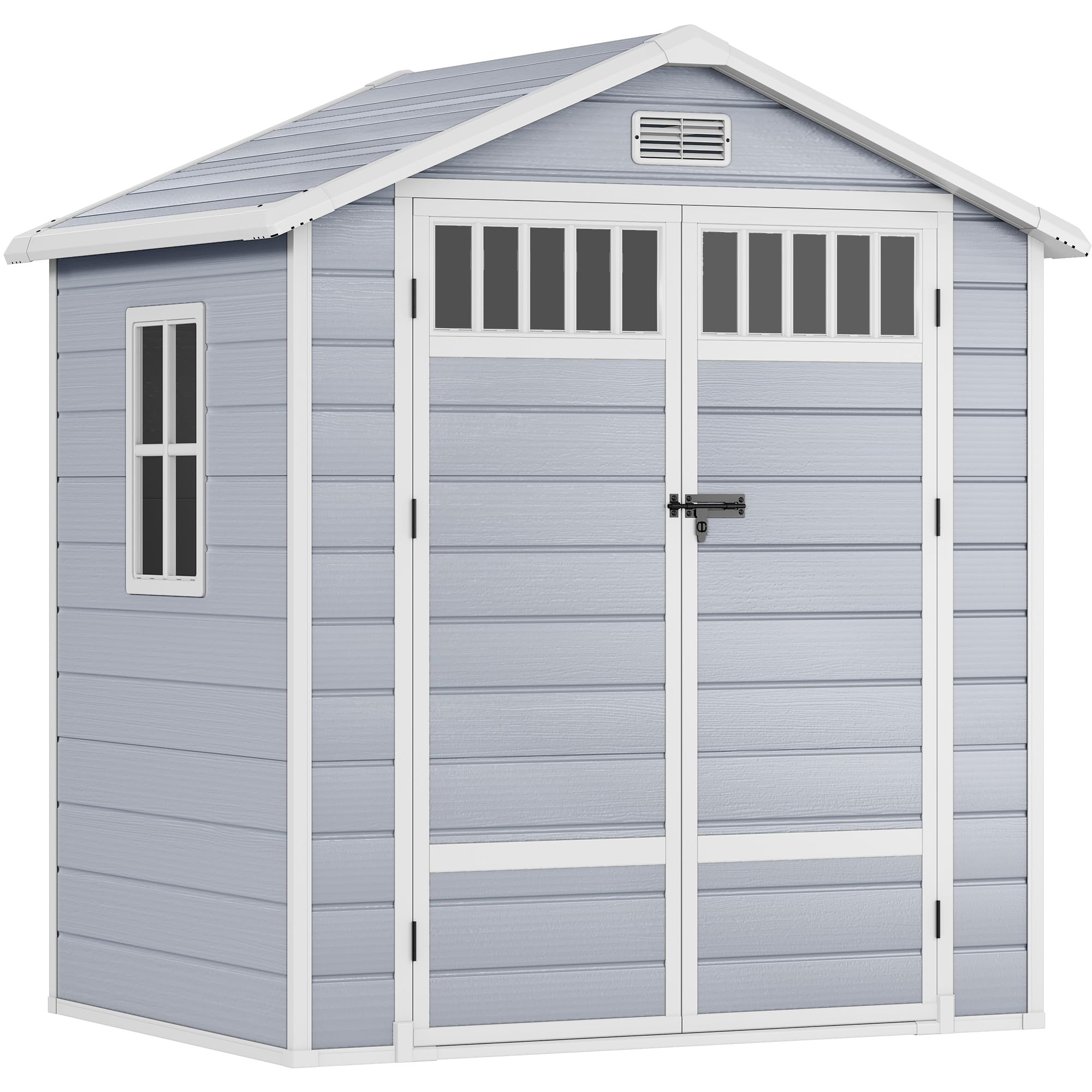 DWVO Gartenhaus 6x4,4 Fuß (ca. 170x123x206 cm) mit Zaun-Stil Fenster & Seitenfenster, Geräteschuppen aus Kunststoff mit abschließbarer Tür und Belüftung für Garten, Hinterhof, Terrasse – Grau