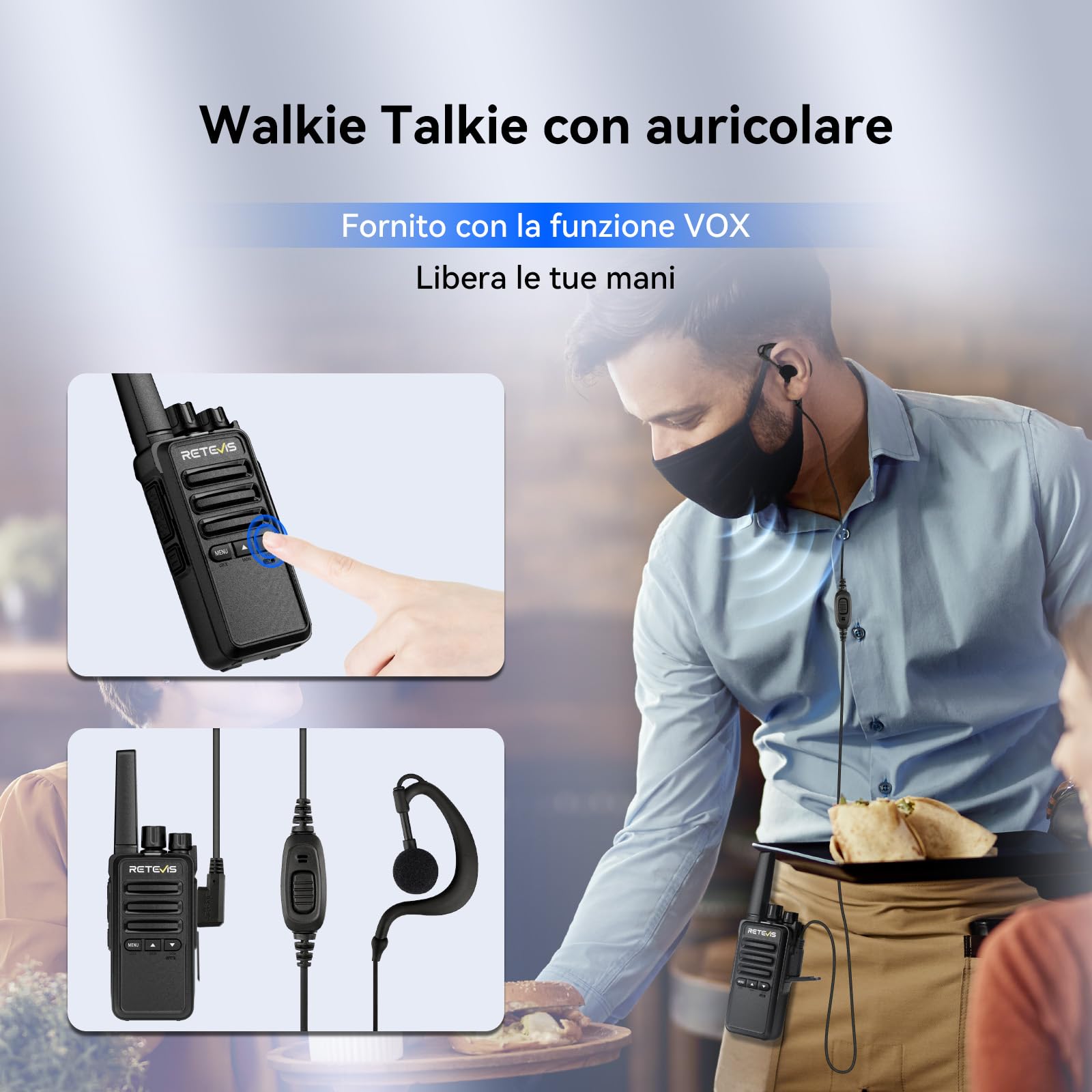 Retevis RT668B Walkie Talkie PMR446 6 Pezzi Nero con Caricatore a 6 Vie e Auricolare