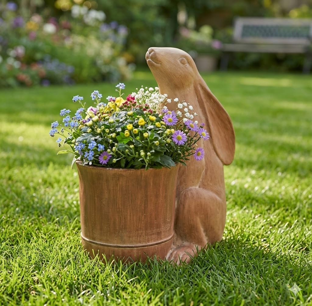 Bloomingtons Direct Hare Garden Planter Indoor Outdoor Wooden Finish Flower Pots with Drainage Holes, 100% Resin Garden Pots Planters for Your Garden Barrel Design Planter Rabbit Statue