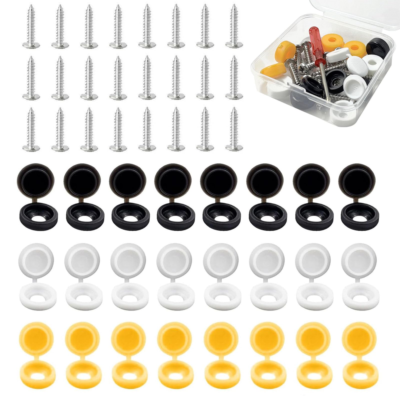 60 Pcs Number Plate Screw Caps and Screws Set, 304 Stainless Steel License Plate Fixing Kit with Black White Yellow Caps and Storage Box