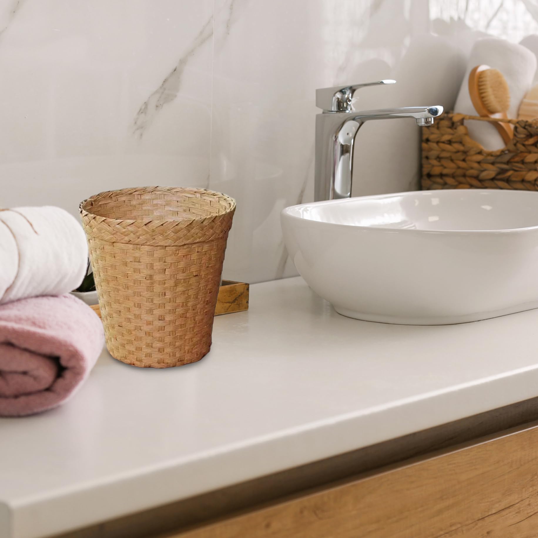 Cestino di vimini, bidone della spazzatura da bagno, bidone del desktop con paglia naturale, cesto di lavanderia in vimini rotondo, cestino per rifiuti per bagno, camera da letto, colore di tronchi