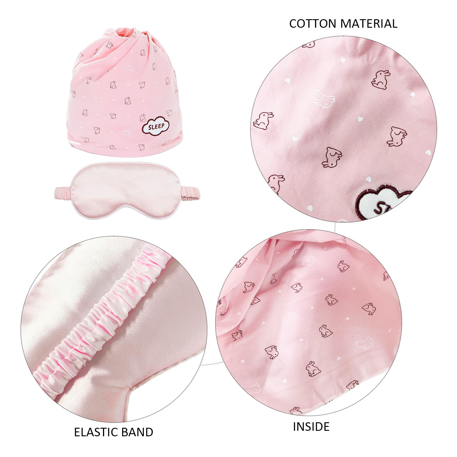 1 Gorro para Dormir, 1 Antifaz Rosa para Los Ojos, Pañuelo Rosa Cálido para La Cabeza, Gorro para El Pelo para Mujer, Gorro Posparto para Prevenir Resfriados