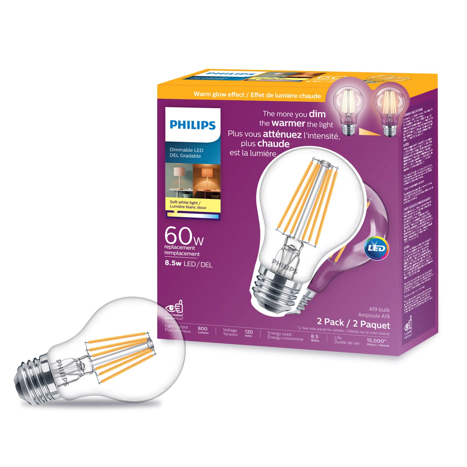 8.5W A19 Medium Base Soft White Warm Glow Dimmable LED Light Bulbs - 2 Pack