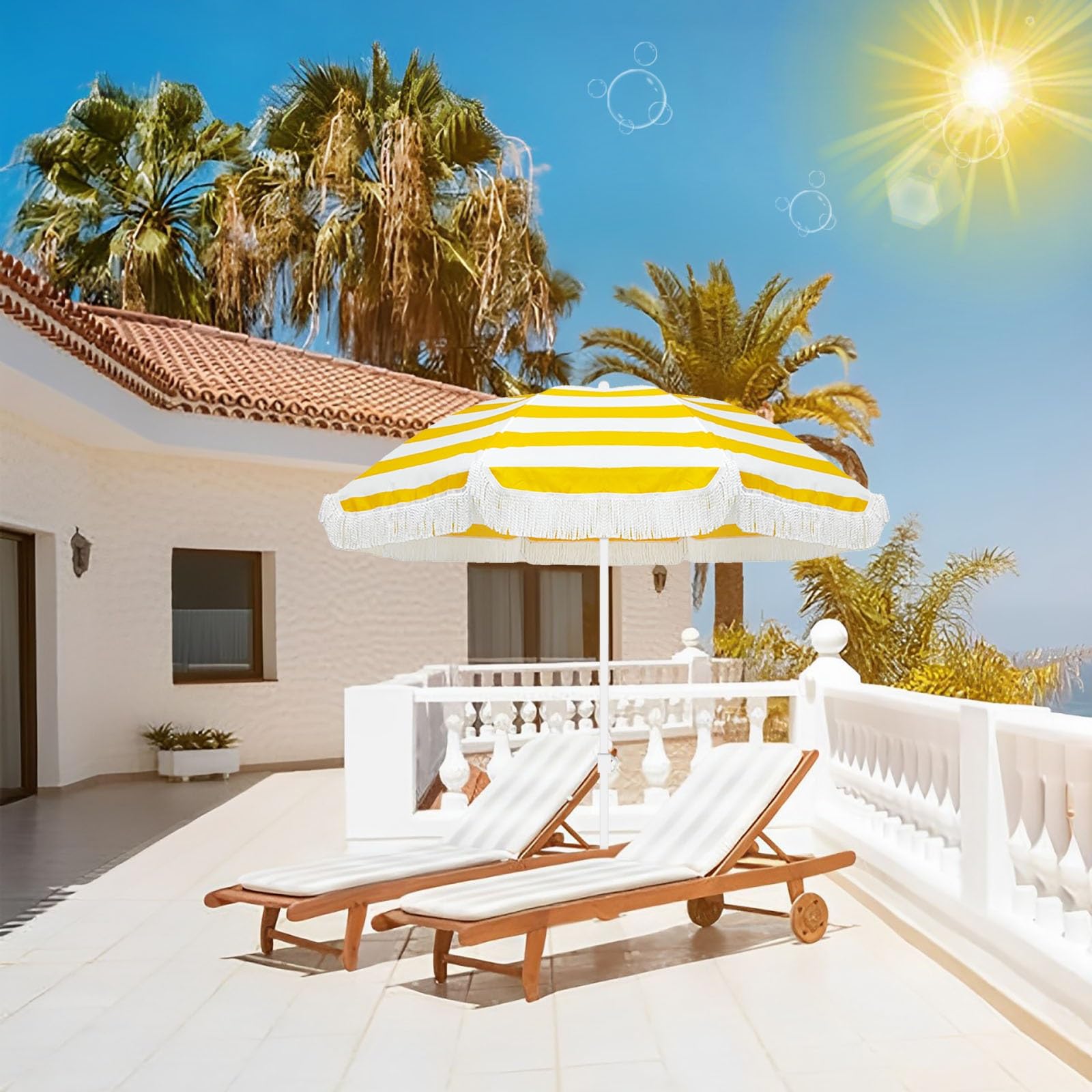 ELZEM Parasol Jardin 180cm Con Flecos Sombrilla Playa Antiviento Sombrilla Jardin Inclinable Parasol Terraza 8 Varillas Protección UV50+ Desmontable Para Terraza Jardin Playa Piscina/Altura Ajustable