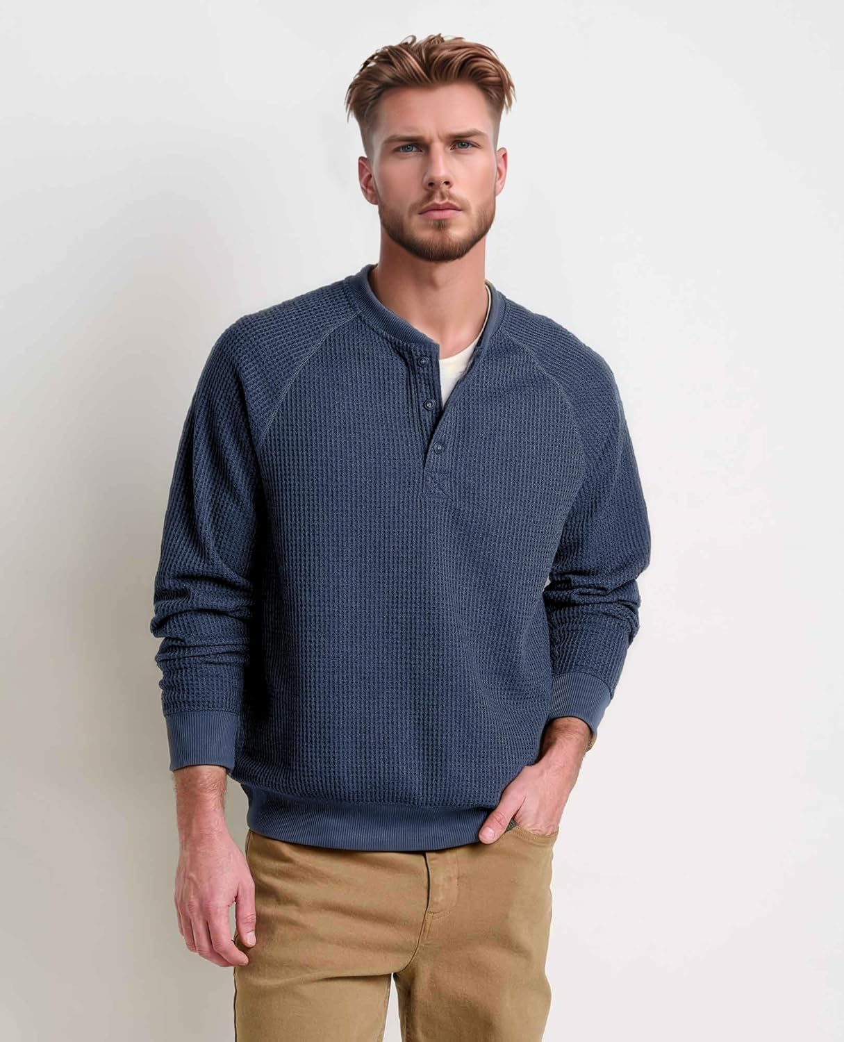 QIVICIMA Raglan Long Sleeve Waffle Henley Shirts for Men Textured Cotton Pullover Knit Tee with Button Neckline - Image 3