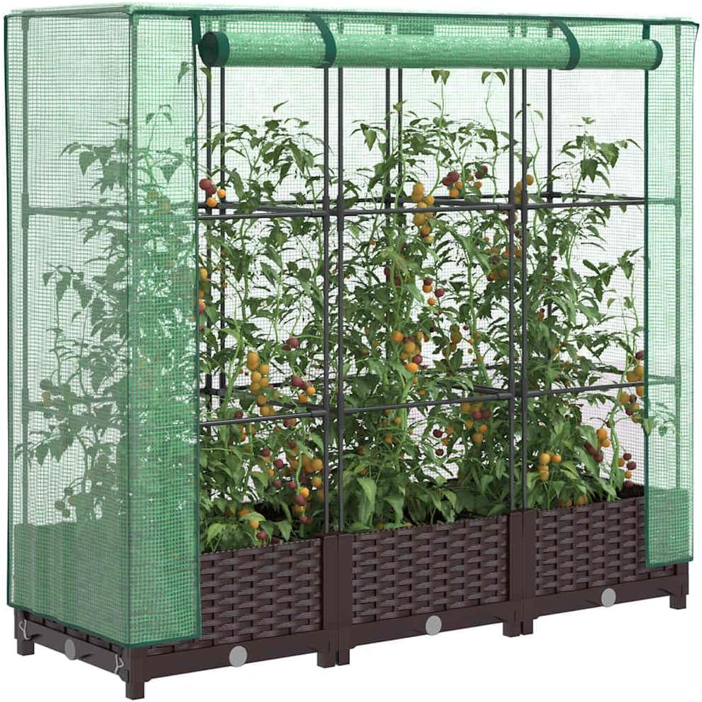 Raised Garden Bed Brown, Polypropylene Rattan Style Outdoor Planter Box with Greenhouse Cover, 47.2x15.7x48.4 Inch Tall for Vegetables, Herbs, Flowers