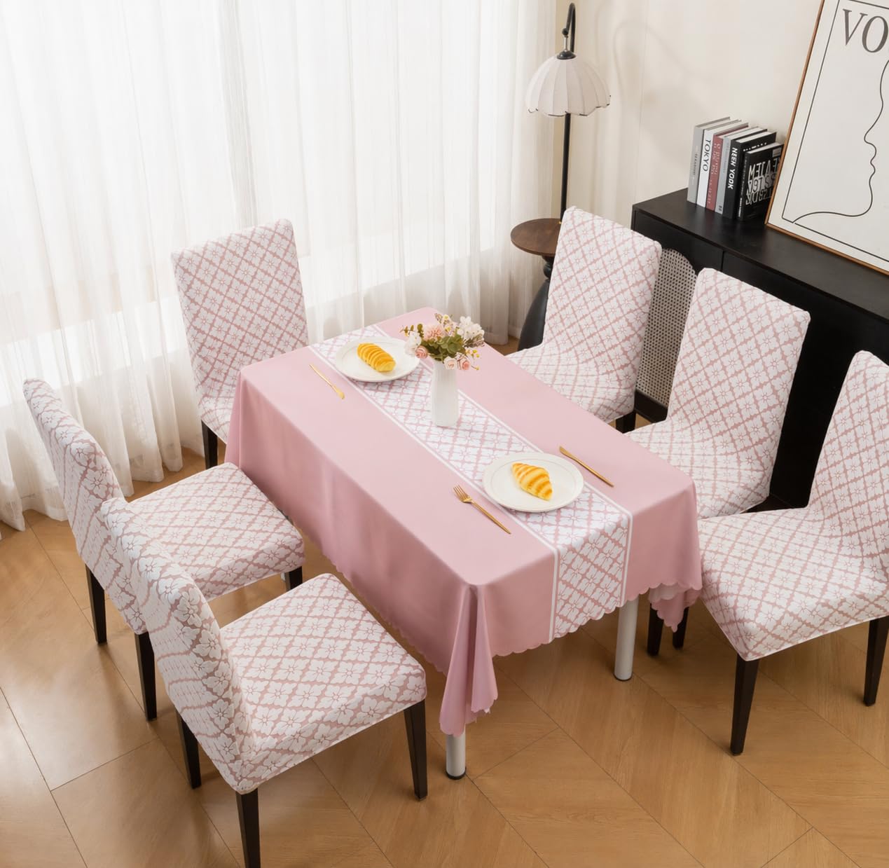 HOMETHREADS Stretchable Elastic Jacquard Chair Seat Cover and Waterproof Dining Table Cover | Removable,Washable & Durable Chair Protector |for Dining Room (F_Pink, 6Chairs+1Table Cover (150X220))-image-4
