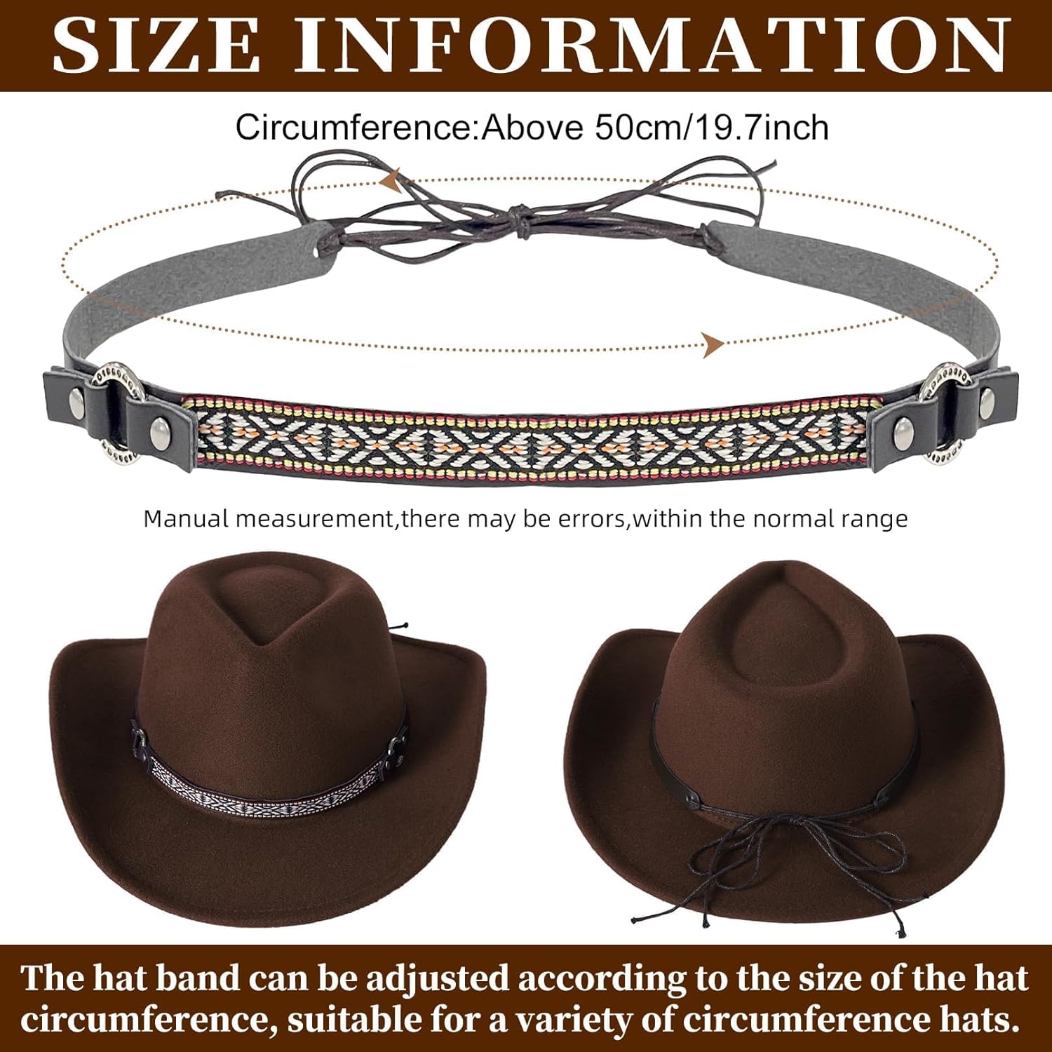 Cowboy Hat Bands for Men Women, Leather Hatbands Belt for Cowboy/Western/Fedora/Cowgirl Hats - Image 2