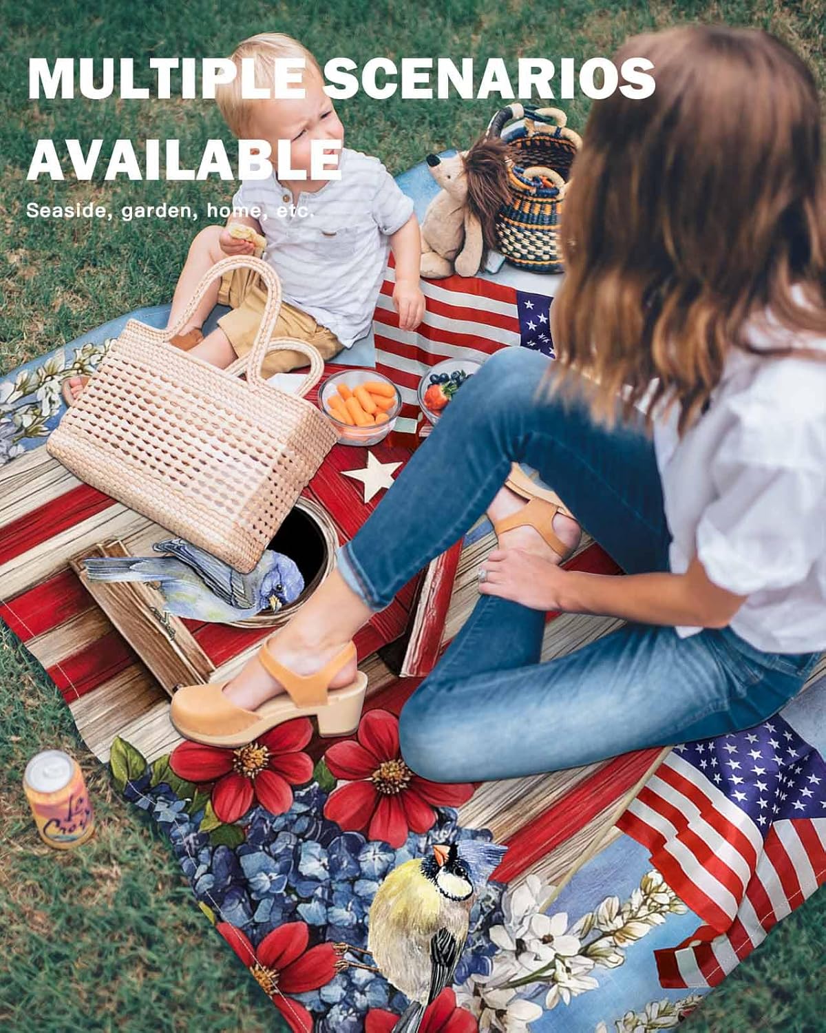 Independence Day Bird House Flower Blue Sky Beach Blanket Extra Large 83x79in Outdoor Waterproof Sandproof Picnic Blankets with Stakes Lightweight Beach Mat for Camping Travel Hiking,USA Flag Theme