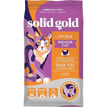 Solid Gold Let's Stay In Indoor Cat Chicken, Lentil & Apple Recipe for Adult Cats; Natural, Holistic Grain and Gluten Free Dry Indoor Cat Food; 12 lb