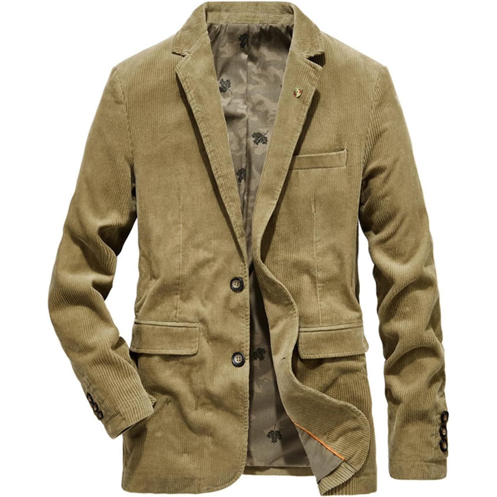 DJFOG Men's Suit Jacket with Pocket Plain Corduroy Blazer Jacket Lapel Corduroy Jacket Vintage Transition Jacket Slim Fit Jacket Warm Coat Outwear,Khaki,4XL