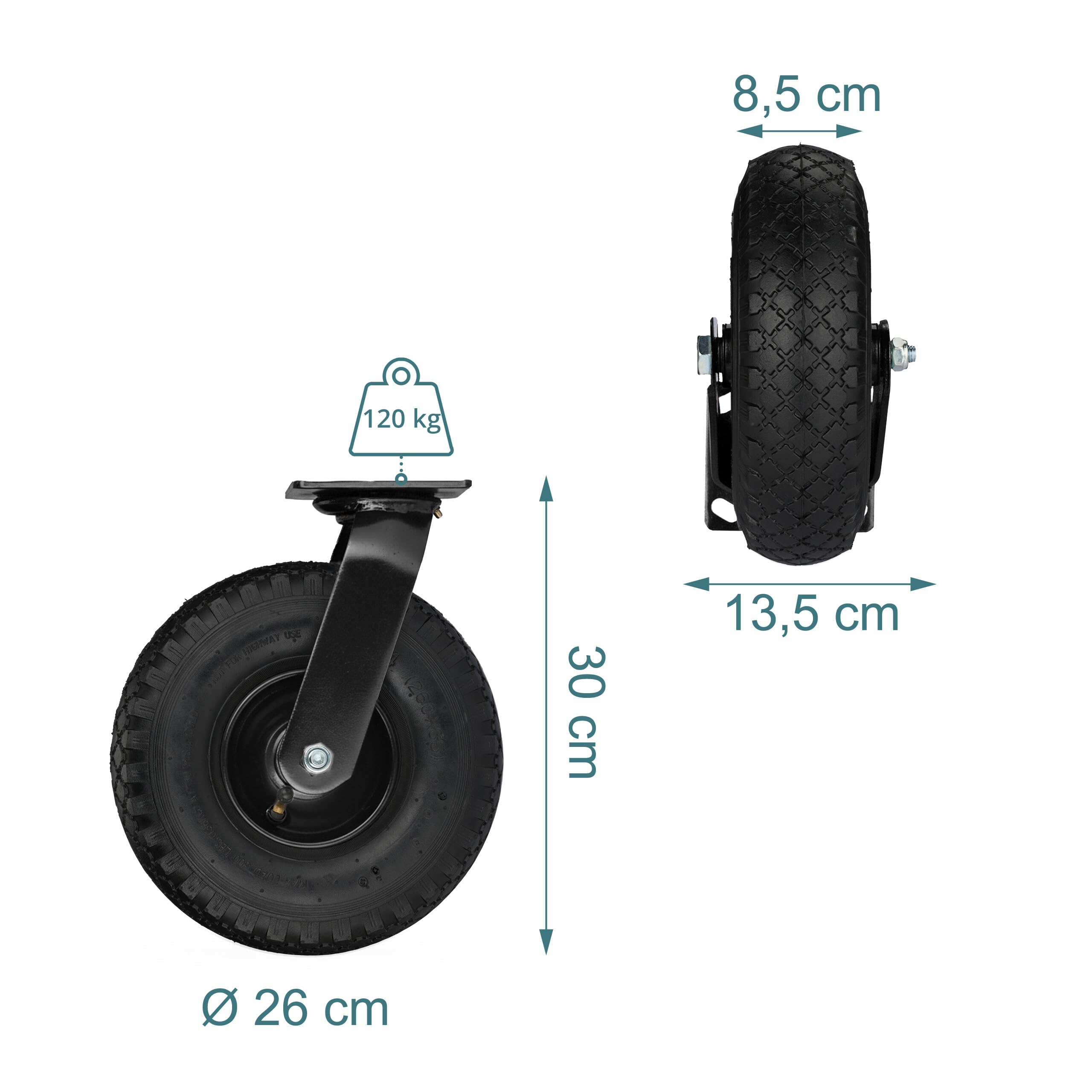 Relaxdays Set 2X Ruote fisse + 2X girevoli, pneumatiche 3.00-4, Portata 120 kg, Nero, Rotelle Piatte
