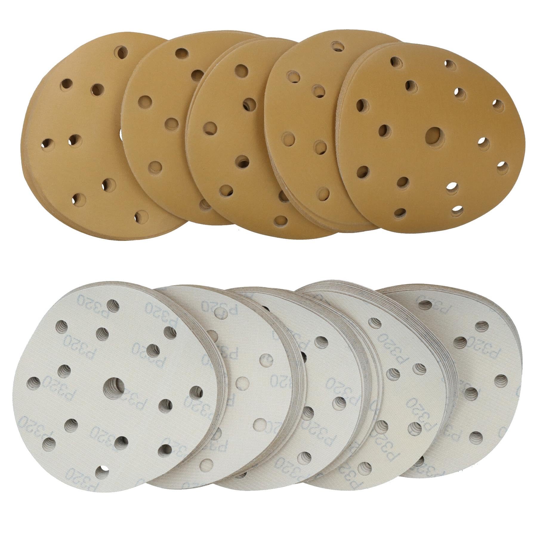 Discos de lijado de 150 mm, óxido de aluminio abrasivo, grano 320, gancho de 15 agujeros + bucle, 200 unidades