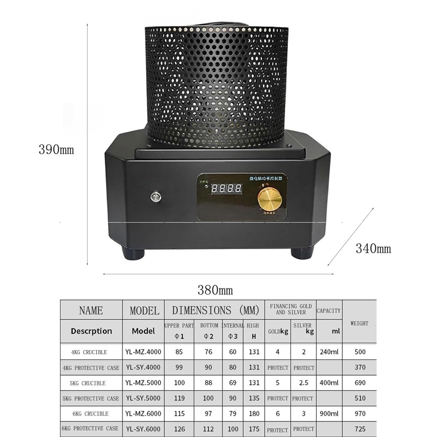 Forno a induzione ad Alta Temperatura 1600℃, Macchina di Fusione a Media frequenza 8000W con crogiolo e Copertura Protettiva, Adatta per Oro, Argento, Rame, Alluminio e Metalli (5kg)