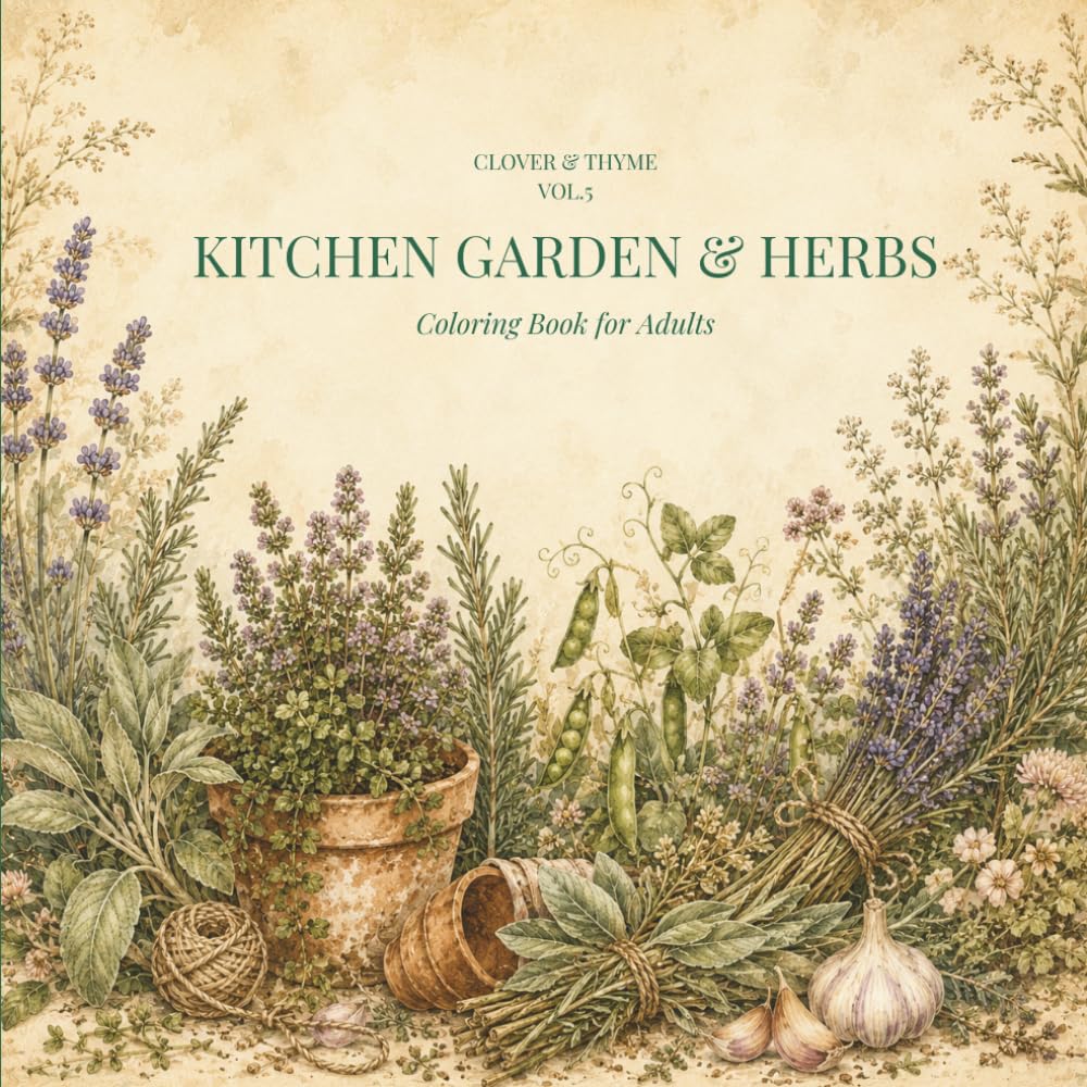Kitchen Garden & Herbs Coloring Book for Adults: Cottagecore Botanical Illustrations: 45 Herb Garden & Kitchen Garden Designs for Relaxation and ... Vol. 5) (Clover & Thyme Coloring Series)