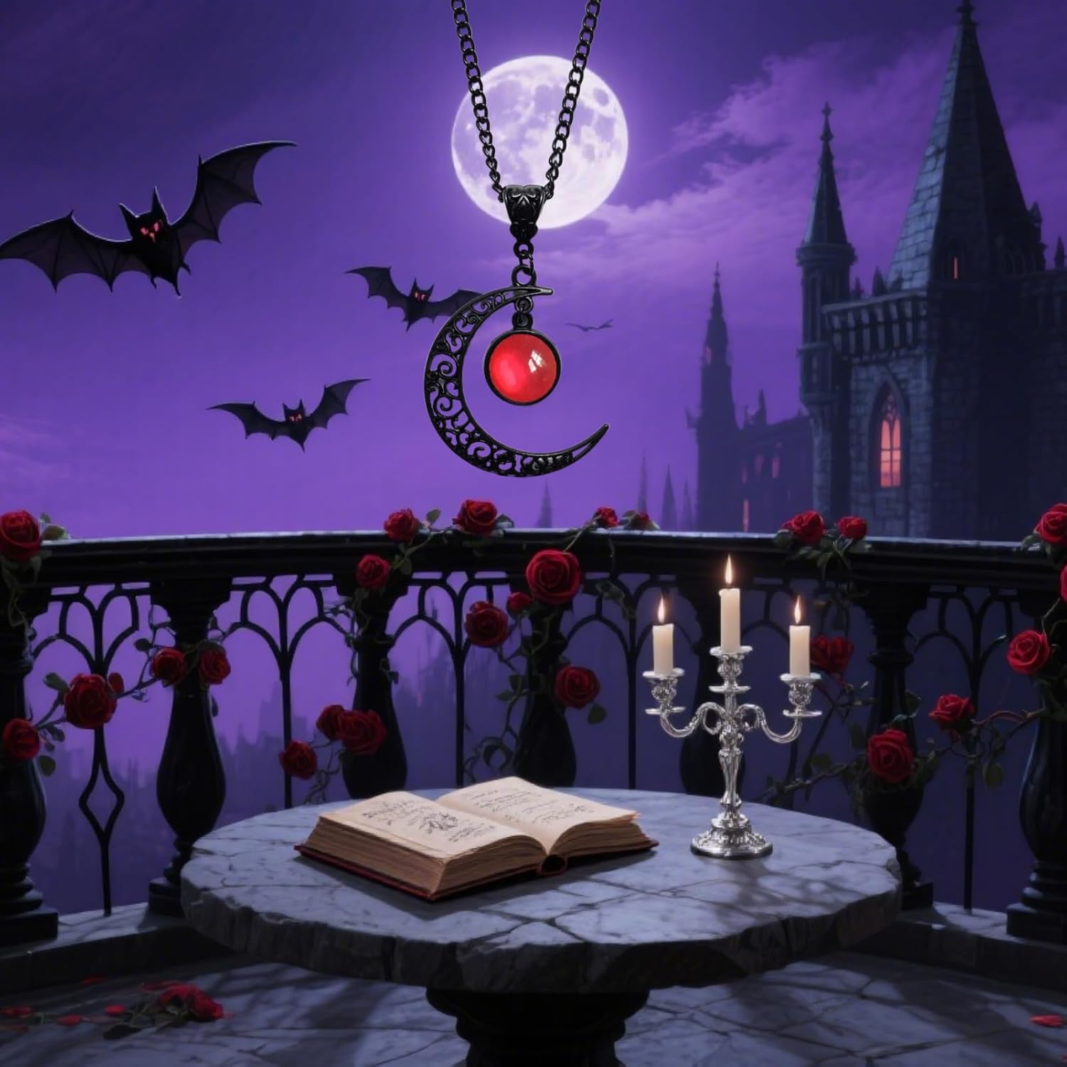 Gothic Moon Necklace for Women Men Punk Crescent Pendant Necklace Vintage Red Crystal Necklaces Emo Halloween Costume Jewelry Gift - Image 5