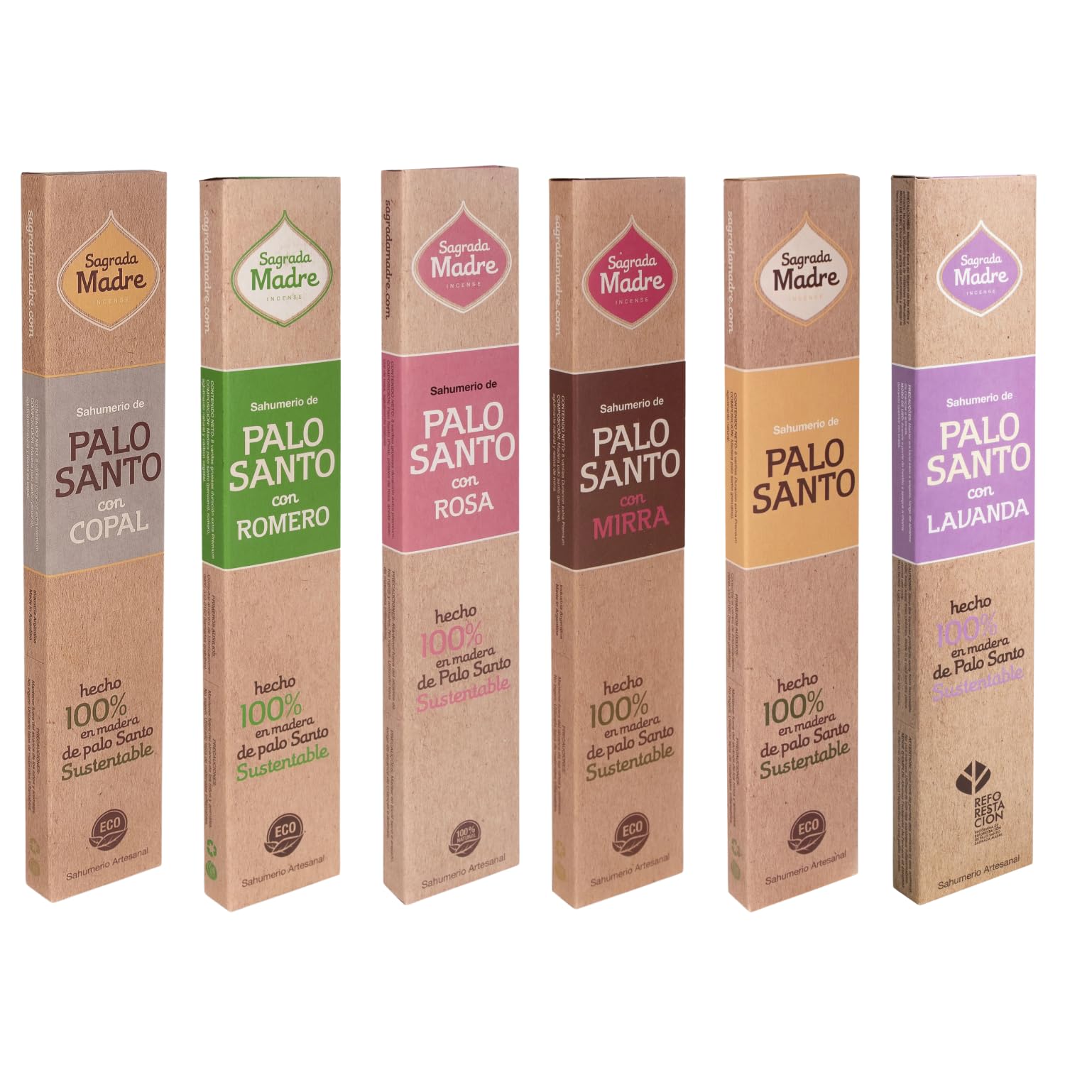 Pack 6 Inciensos de Palo Santo con Copal, Romero, Rosa, Mirra y Lavanda | Sahumerios Naturales Hechos a Mano con Aceites Esenciales Naturales | 8 Varillas Gruesas por Caja y 1 Hora de Duración.