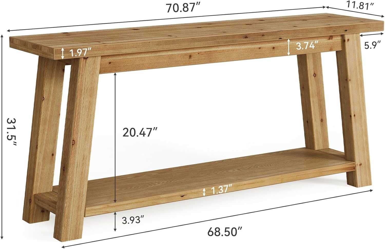 LITTLE TREE 70.9" Solid Wood Console Table for Entryway, 2-Tier Sofa Table Behind Couch, Farmhouse Entryway Table for Living Room, Bedroom, Foyer