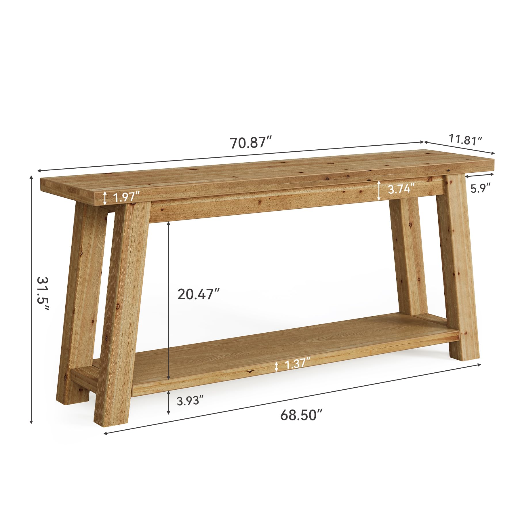Consola de madera maciza 180 cm, 2 niveles, mesa de sofá estrecha estilo granja para entrada, sala de estar, dormitorio, detrás del sofá, color madera natural, montaje fácil