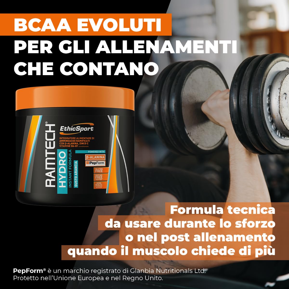 Ramtech Hydro EthicSport – BCAA intra-workout con Beta-Alanina, PepForm®, Zinco e Vitamine B6-B1 – Per attività intense, impegno muscolare e post allenamento – 250 g gusto arancia