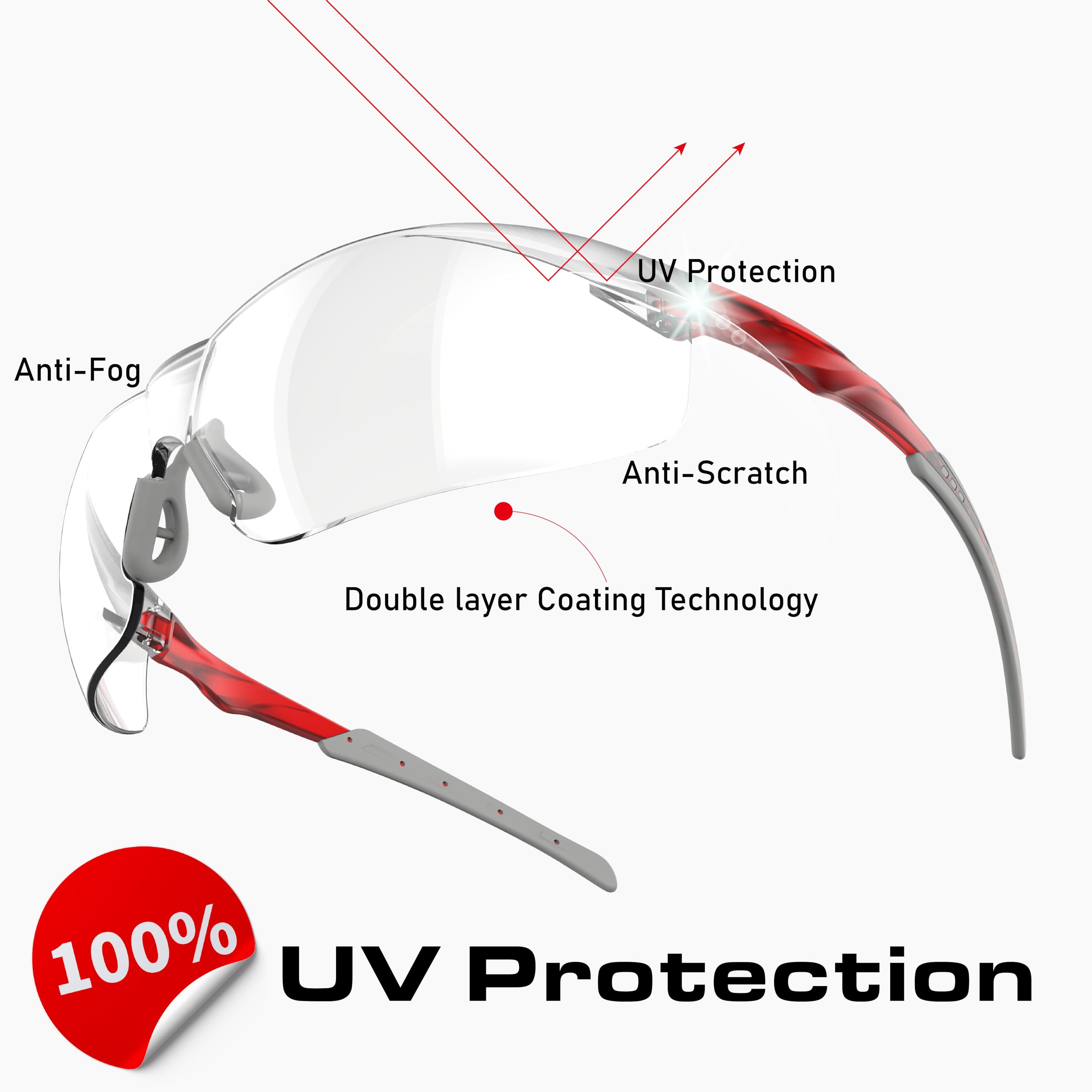 ANSI Z87.1 - Gafas de seguridad, antivaho, UV, resistentes a los arañazos, para protección ocular en el trabajo o disparo, medio marco con lentes envolventes transparentes y agarre