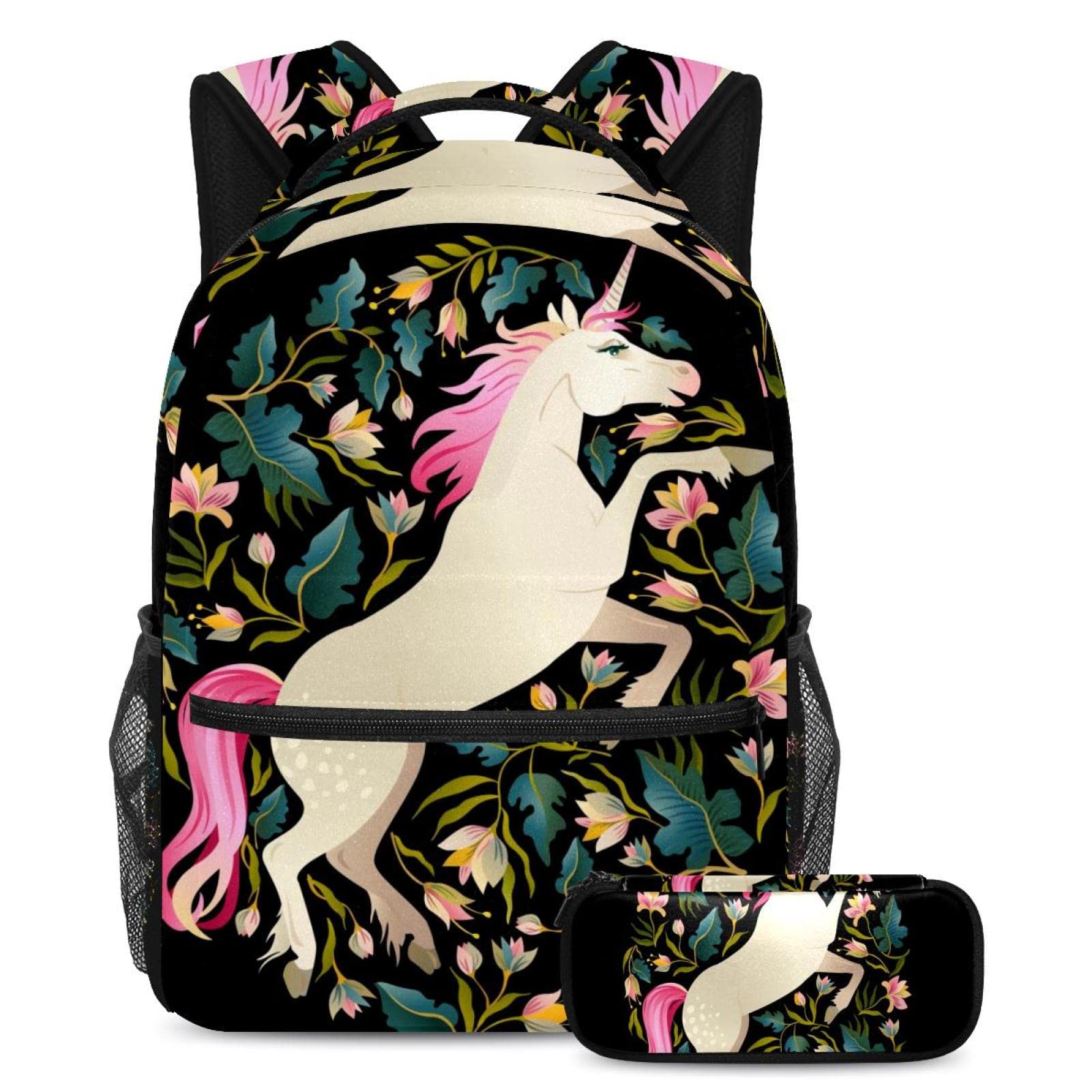 Sac à dos d'école, trousse à crayons avec motif licorne magique et fleurs pour étudiants, multicolore 1, Medium