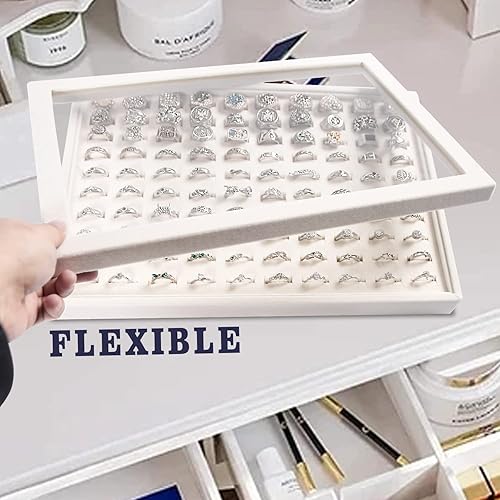 Miniatura 6 de Coward Bandeja organizadora de joyas con tapa, 100 ranuras para anillos, soporte de exhibición apilable para vender (beige