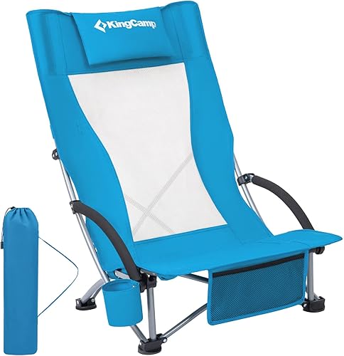 KingCamp Silla de playa ligera plegable con respaldo alto con soporte para tazas, bolsa de almohada para acampar al aire libre, arena, concierto,