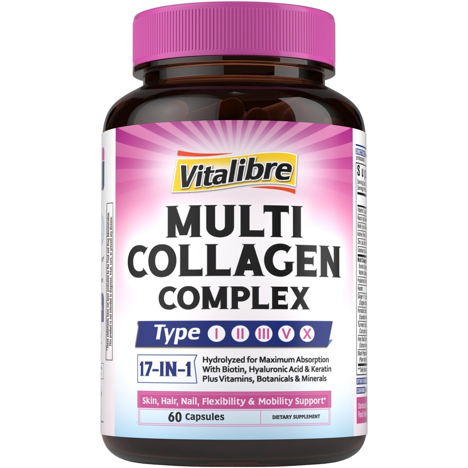 Vitalibre Collagen Peptides Capsules for Women & Men, Type I, II, III, V, X, Biotin, Hyaluronic Acid & Keratin, Vitamin C, Niacinamide, Turmeric & Ginger, Skin, Hair, Nail, Flexibility, 60 Count 60 Count (Pack of 1)