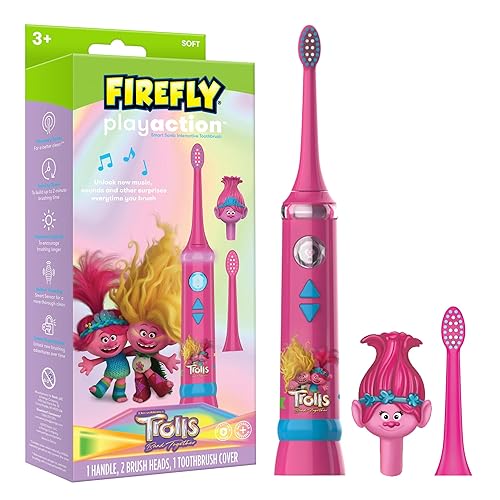 FIREFLY Play Action Trolls - Kit de cepillo de dientes inteligente sónico, cepillo de dientes eléctrico interactivo con luces, música y juegos,
