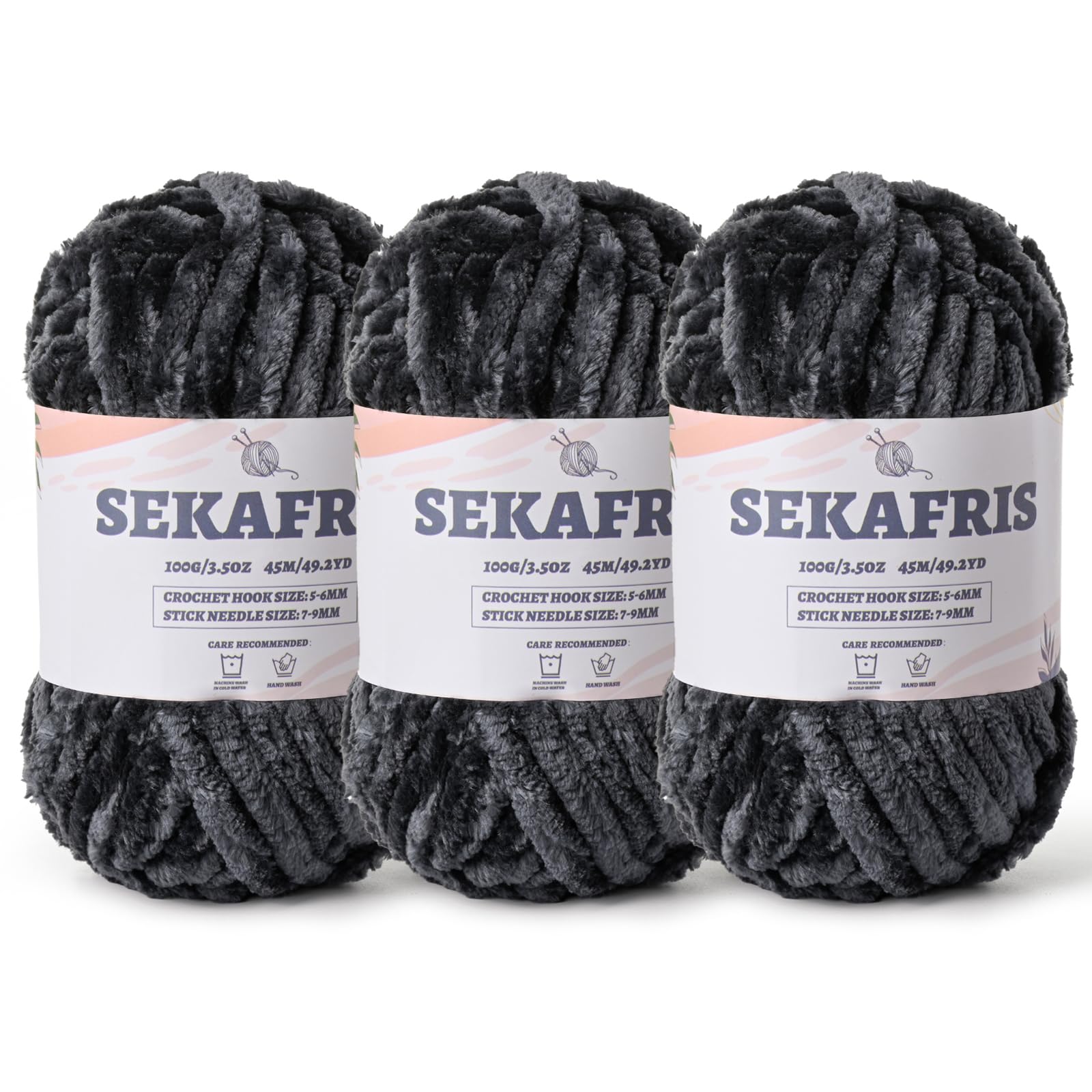 Chenille Velvet Soft Yarn Carbon Gray 3 Pack