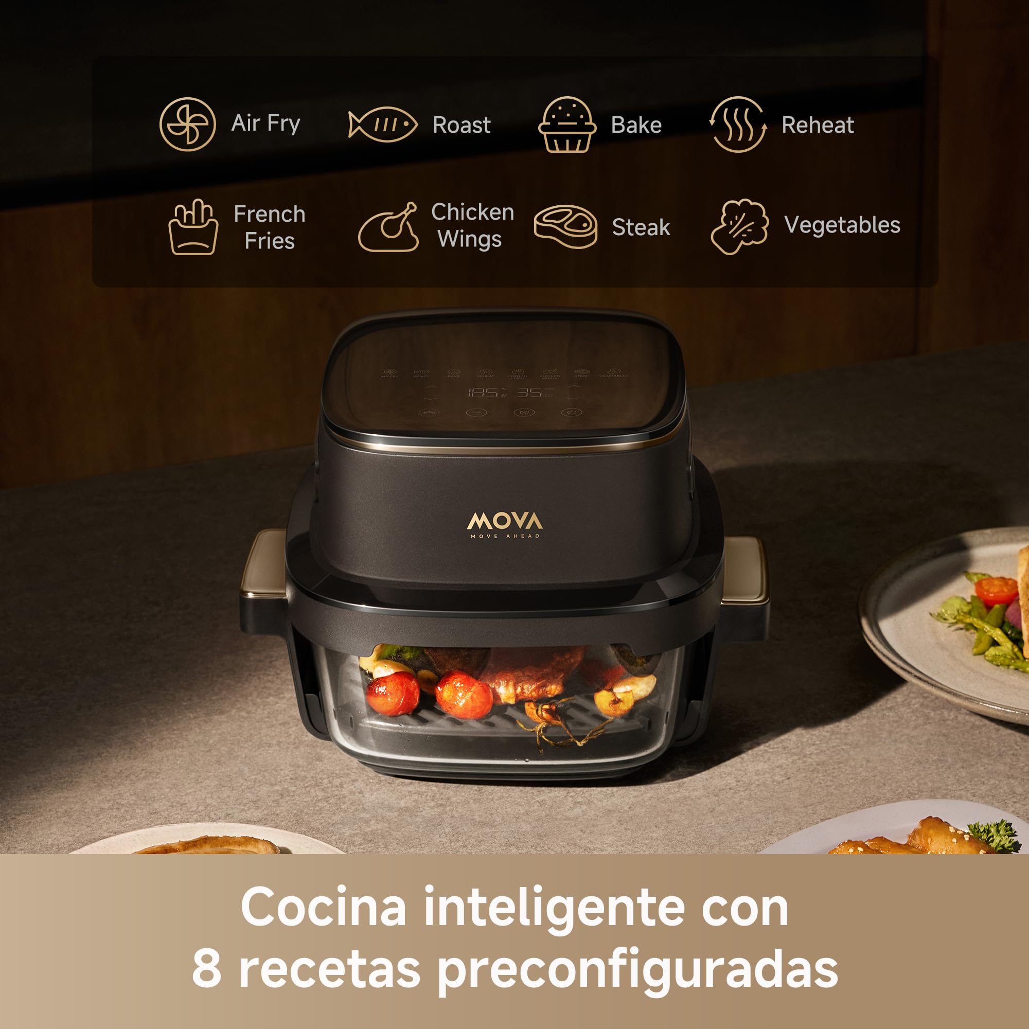 MOVA Aeroglass AF20 Pro Freidora De Aire Sin Aceite interior vidrio transparente, doble capacidad 4L+2,5L, recipiente vidrio, motor sin escobillas, 8 recetas inteligentes, control 40℃-185℃.
