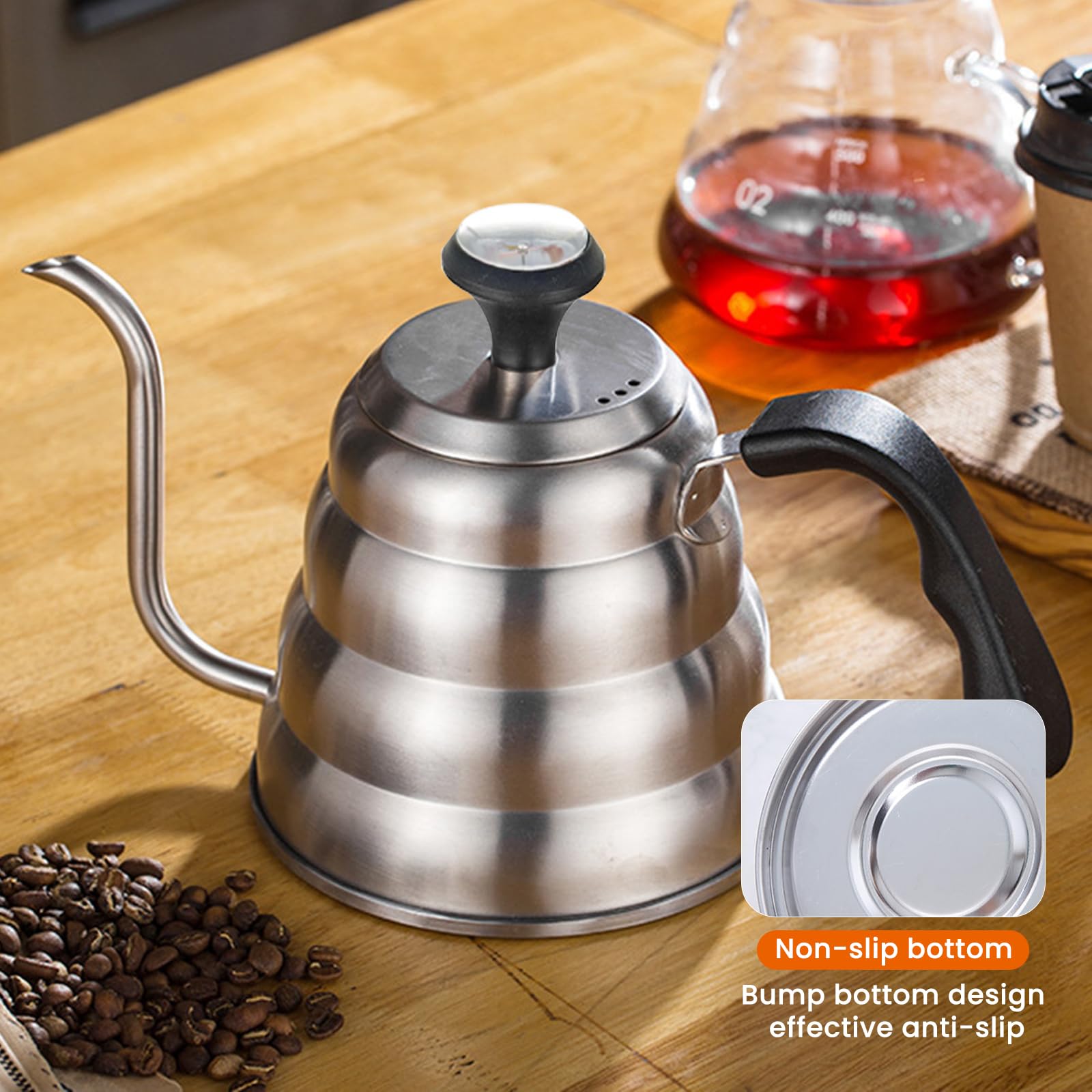 Bollitore a collo di cigno: 1200 ml / 40 oz in acciaio inox, bollitore a collo di cigno con termometro per tutti i tipi di fornelli, durevole, facile da pulire