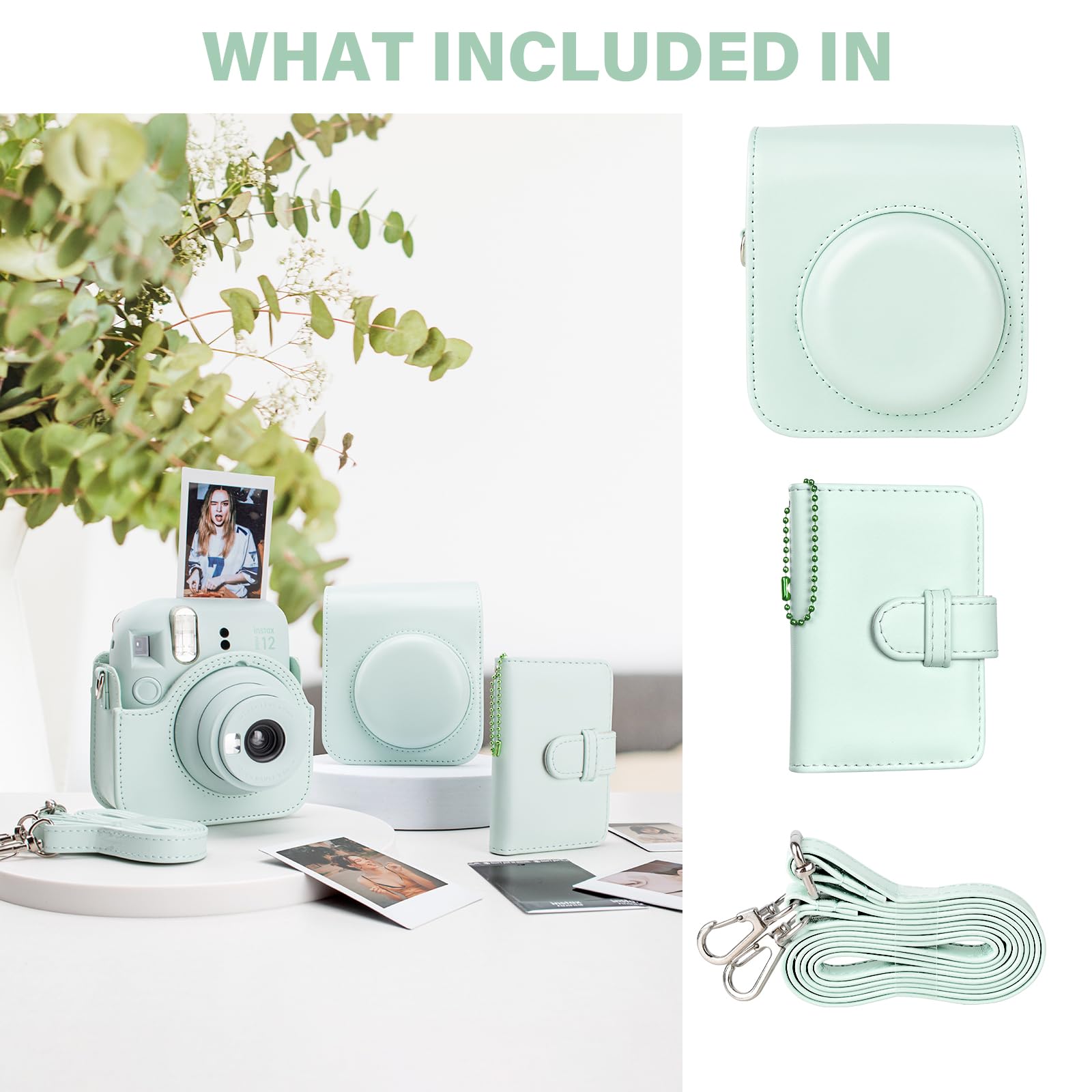 Housse pour Instax Mini 12, Étui pour Appareil Photo en Cuir PU de qualité supérieure avec bandoulière et Mini Album Photo pour Films instantanés de 3 Pouces (Vert Pur)