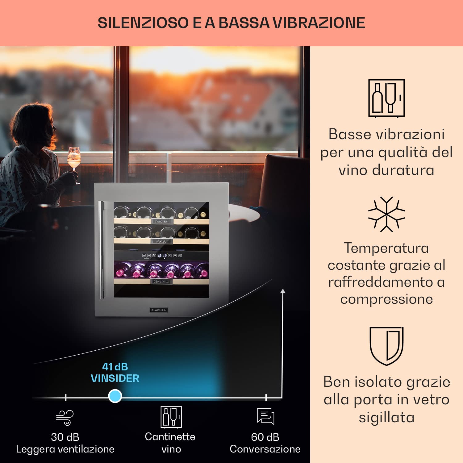 KLARSTEIN Cantinetta Vino Design, Cantinetta Vino Refrigerata a Zona Doppia per Vino Rosso, Bianco e Birra, Controlli Touch, Frigo Vino Cantinetta per Esterno/Interno, 5-22°C, 85L, 36 Bottiglie
