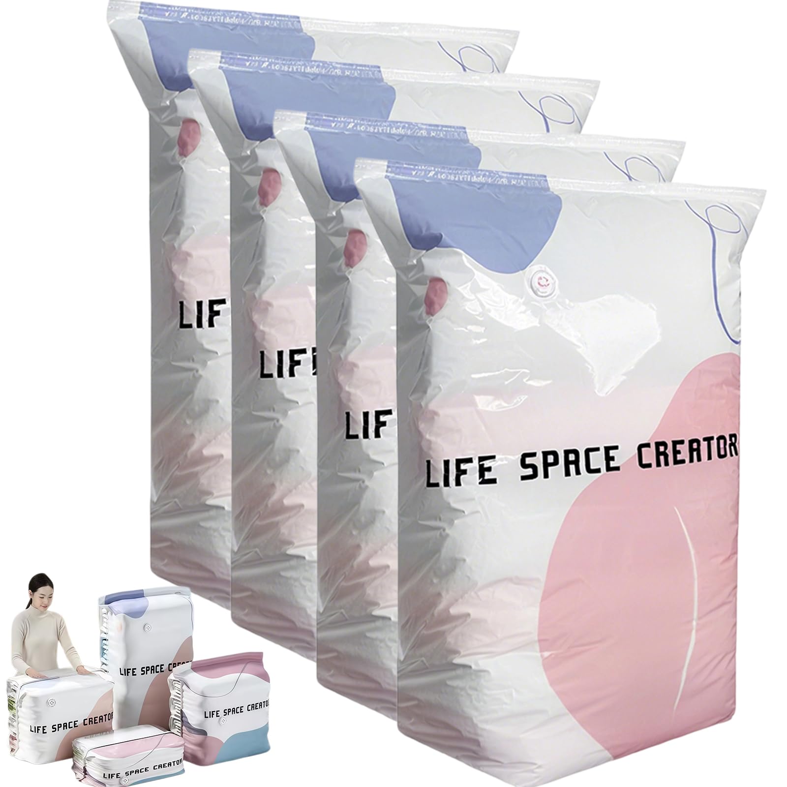 No-Pump Vacuum Storage Bags, Press & Seal Space Saver 80% Space Bags for Clothing, Keeps Clothes Dry & Dust‑Free, Pillows, Comforters, Blankets, Bedding,Travel (4PCS,Large)