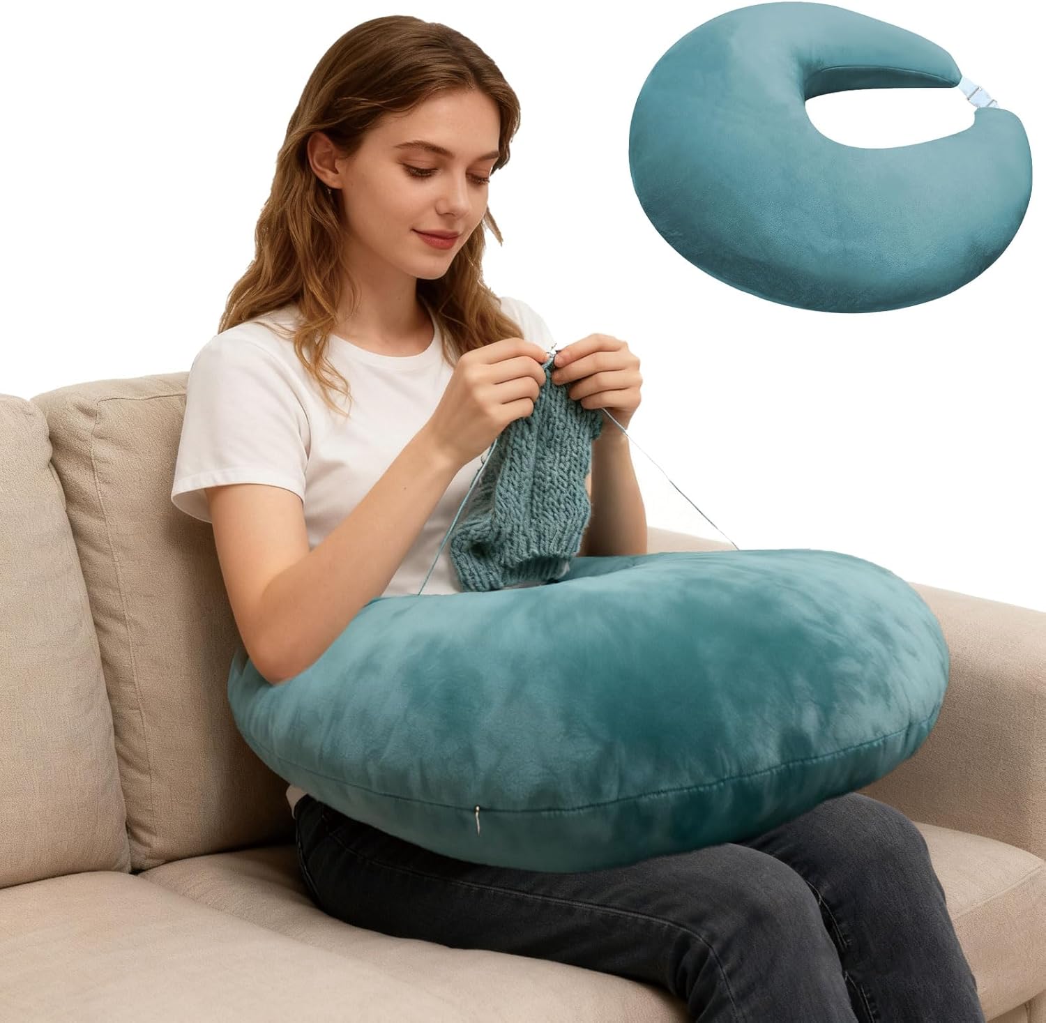 Crochet Pillow for Lap Support, for Bed or Sofa Gaming, Working, Reading, Laptop Multi-Purpose U-Shaped Arm Rest Support Pillows (Green)