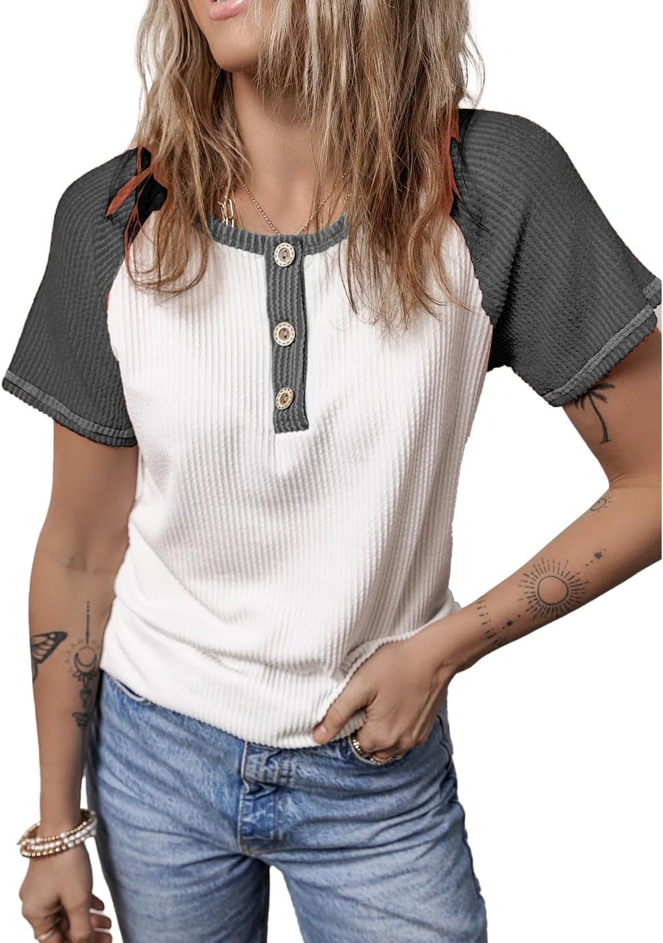 KINLONSAIR Women's Summer Color Block Short Sleeve T Shirt Casual Button Down Slim Fit Crewneck Henley Shirts - Image 3