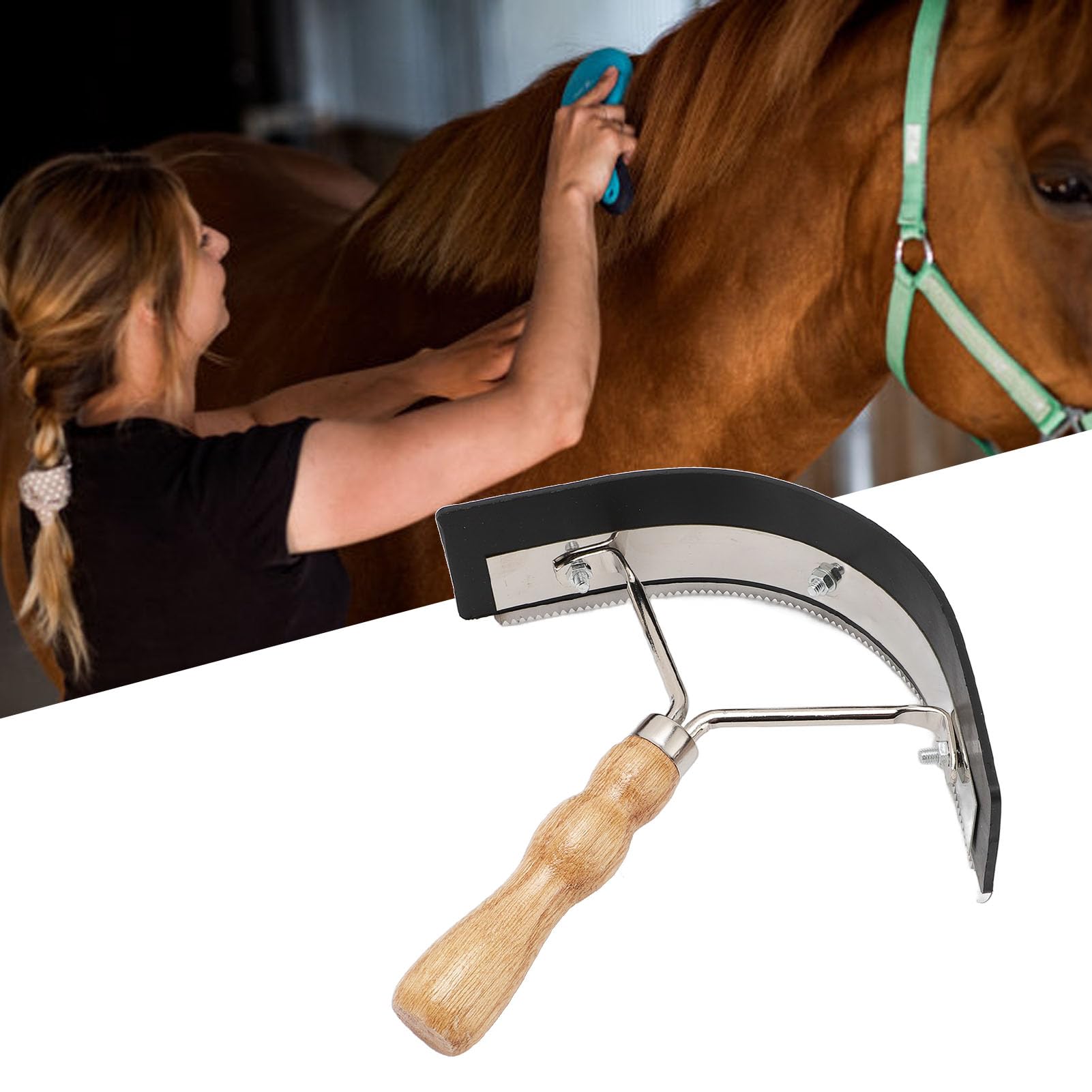 Horse Sweat Scraper Hair Brush Stainless Steel Rubber Comfortable Grip Wooden Handle Horse Face Cleaning Brush Scraper Comb for Livestock
