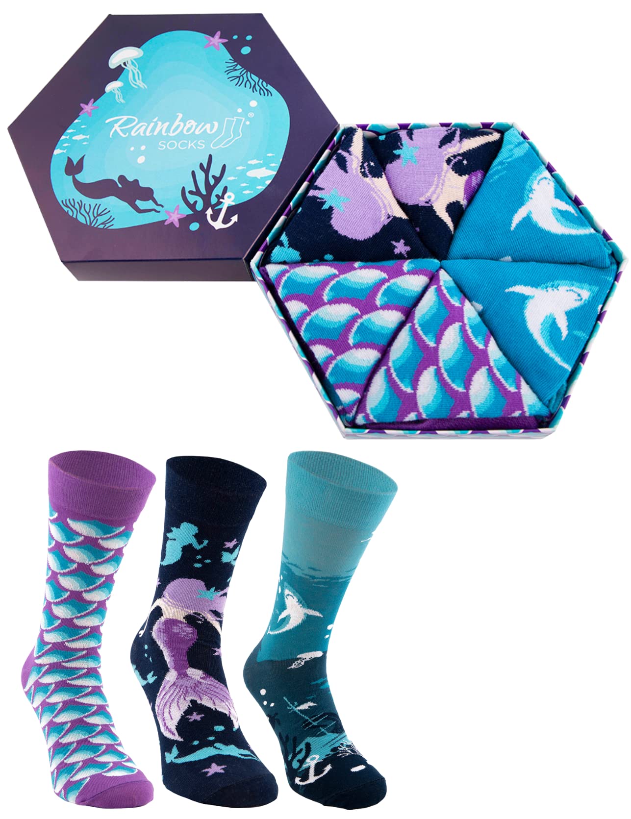 Rainbow Socks Meerjungfrau Socken Box – 3 Paar Lustige Socken Mit Sirenen-Motiv, Für Damen & Herren