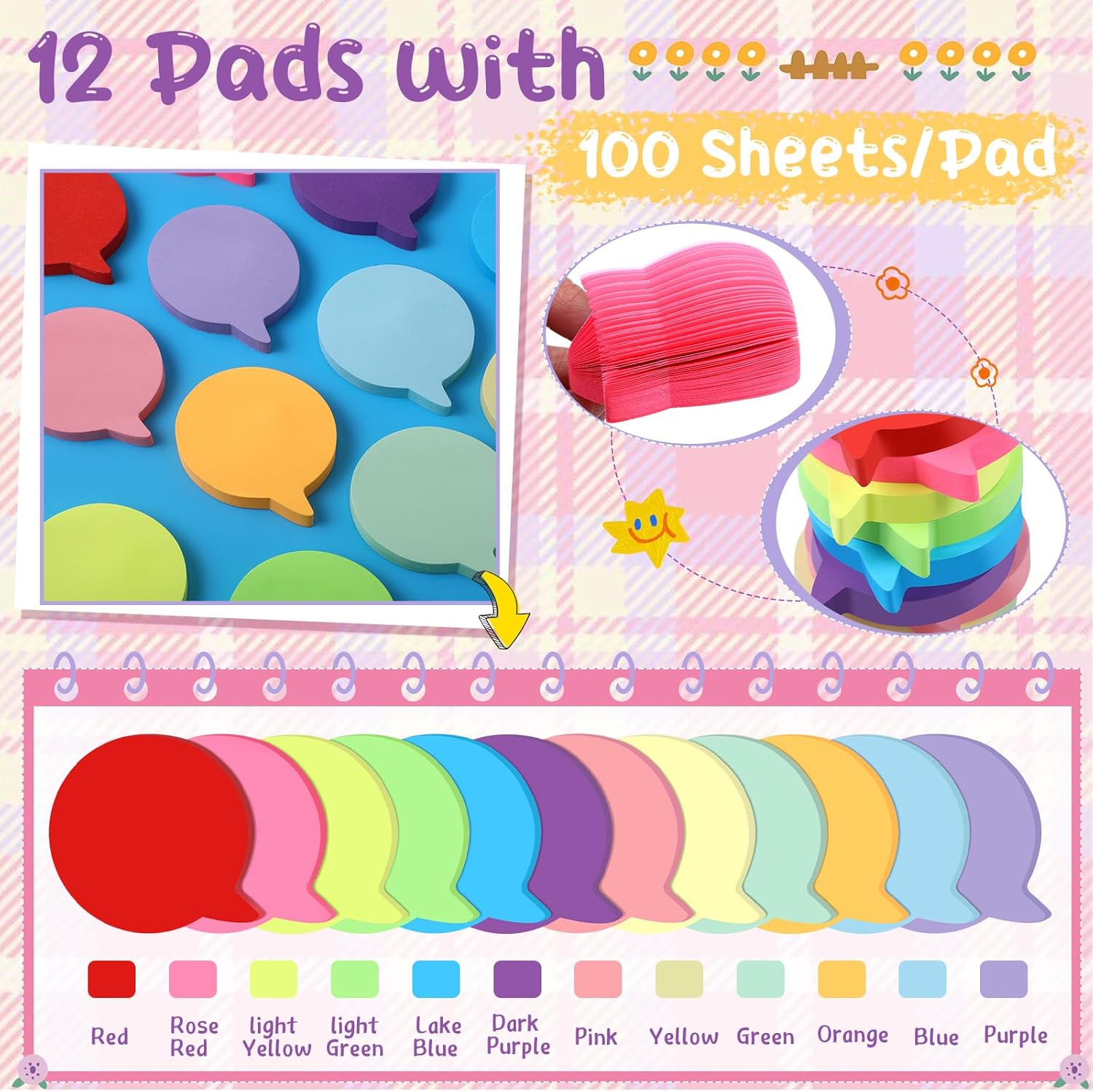 Leinuosen 12 Pieces Sticky Notes Shape 3 Inch Bright Colors Self-Stick Pads Multiple Colors Sticky Notes Back to School Gifts for Classroom Office Supply, 100 Sheets/pad - Image 2
