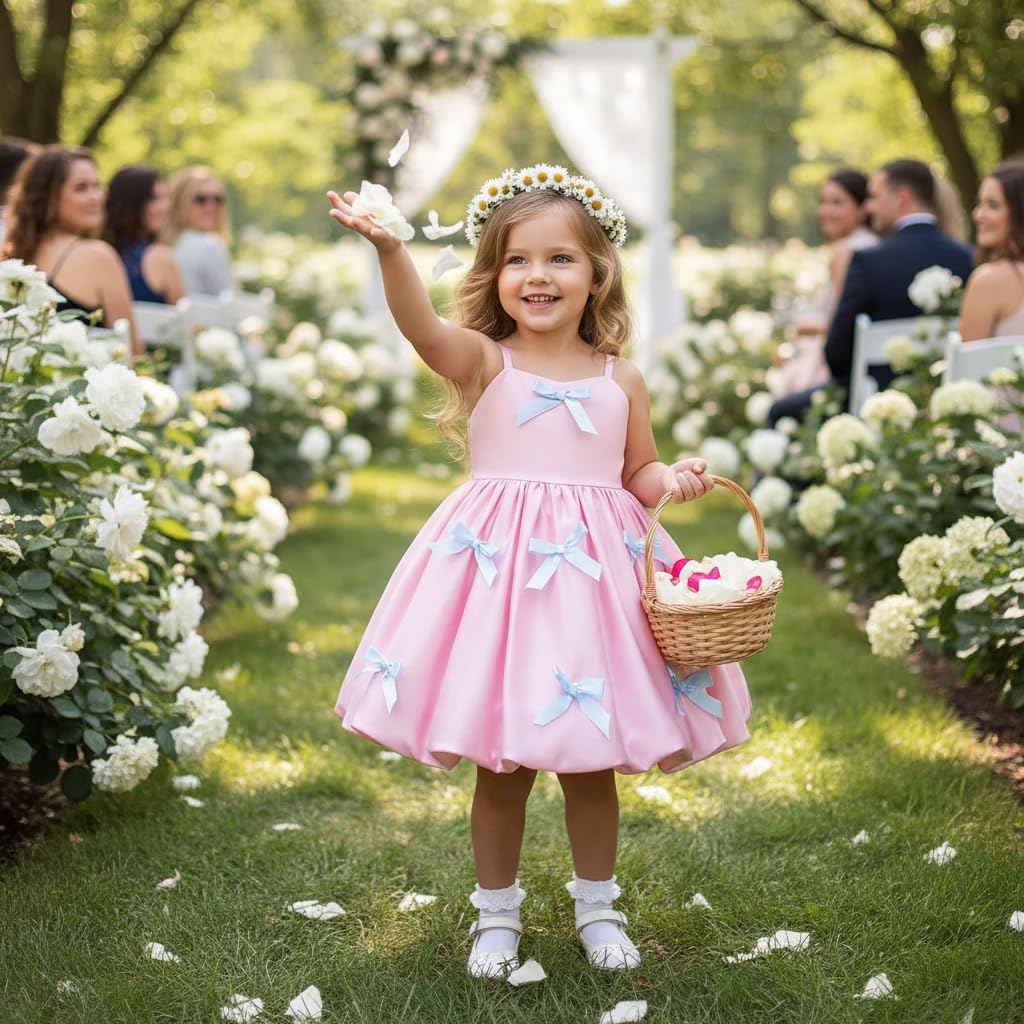IDOPIP Toddler Girls Pink Bow Birthday Dress Bubble-Hem Princess Flower Girl Wedding Pageant Formal Party Dresses Photo Shoot