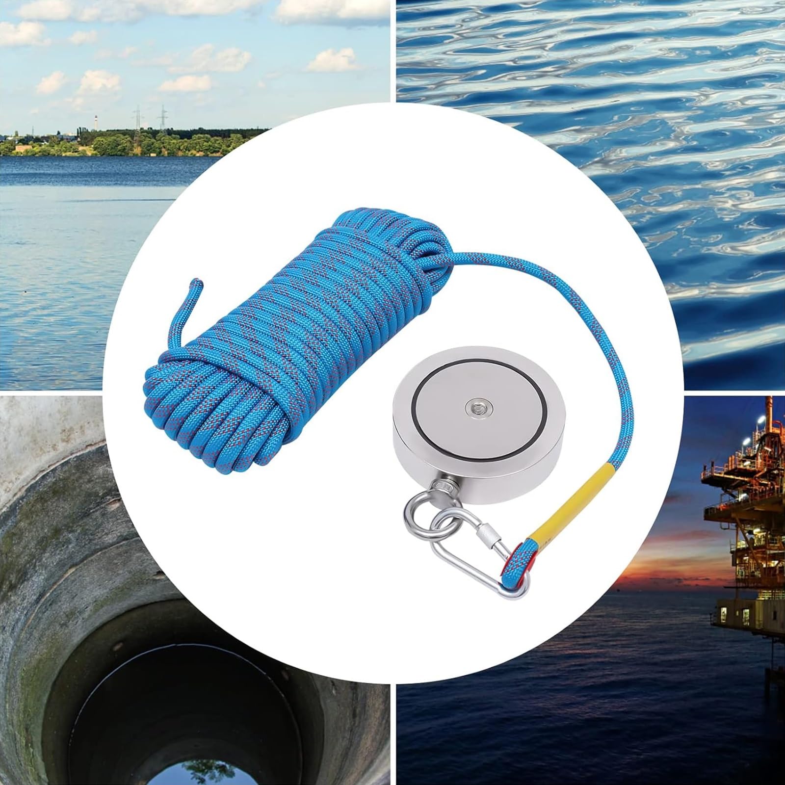 Kit da Pesca Magnetica, magneti bifacciali con Forza di trazione di 3000 libbre, Corda da 66 Piedi, Include Custodia e Guanti per recuperare Oggetti dall'acqua