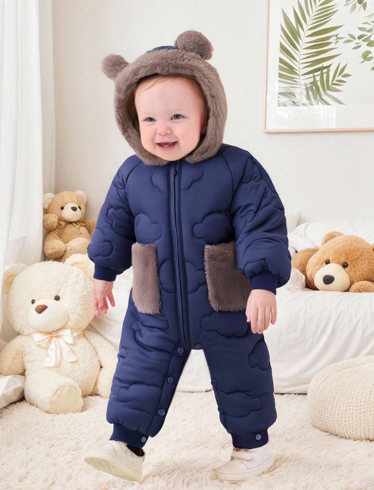 FEOYA Tuta da neve per bambini, in pile con cappuccio, per bambini, invernale, da neve, per bambini, impermeabile, calda, imbottita, per esterni, 6-24 mesi