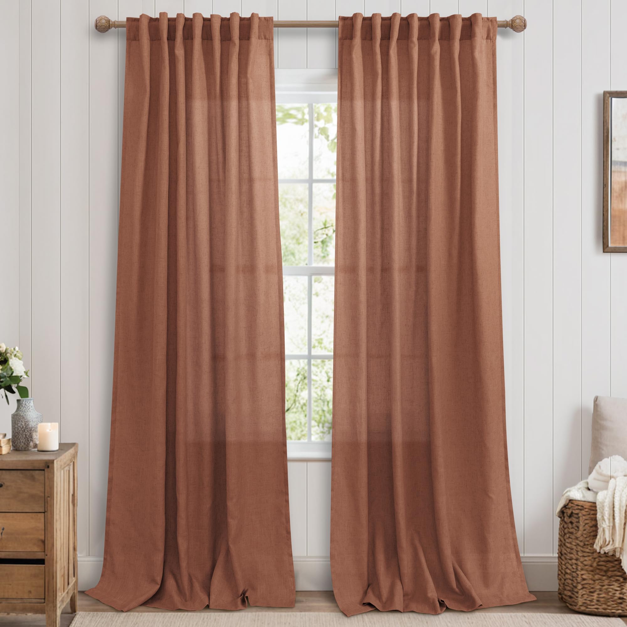 Bohemian Curtains for Living Room,Back Tab Boho Farmhouse Linen Semi Sheer Terracotta Curtain Drapes 90 Inches Long for Bedroom 2 Panels Set,Cool Maximalist Rust Decor,Cortinas Para Salas Modernas