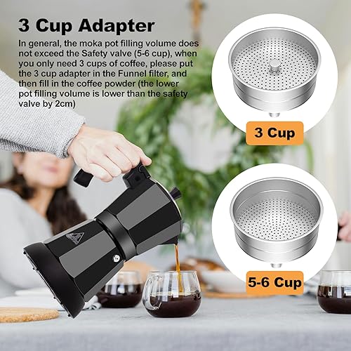 Vista 6 de Olla eléctrica de aluminio para moka de 5 a 6 tazas, 9.1 fl oz, con base desmontable, ideal para el hogar, cafetera italiana y cubana, cafetera Negro