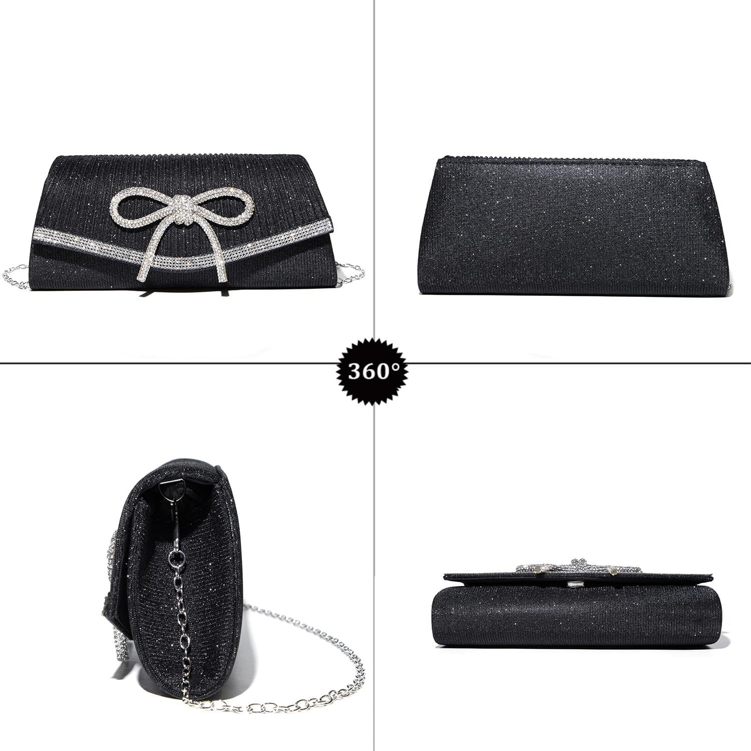 Bow Shiny Clutch Purses for Women Sparkly Evening Handbag Glitter Rhinestone Prom Cross Body Wedding Clutch Bags - Image 4