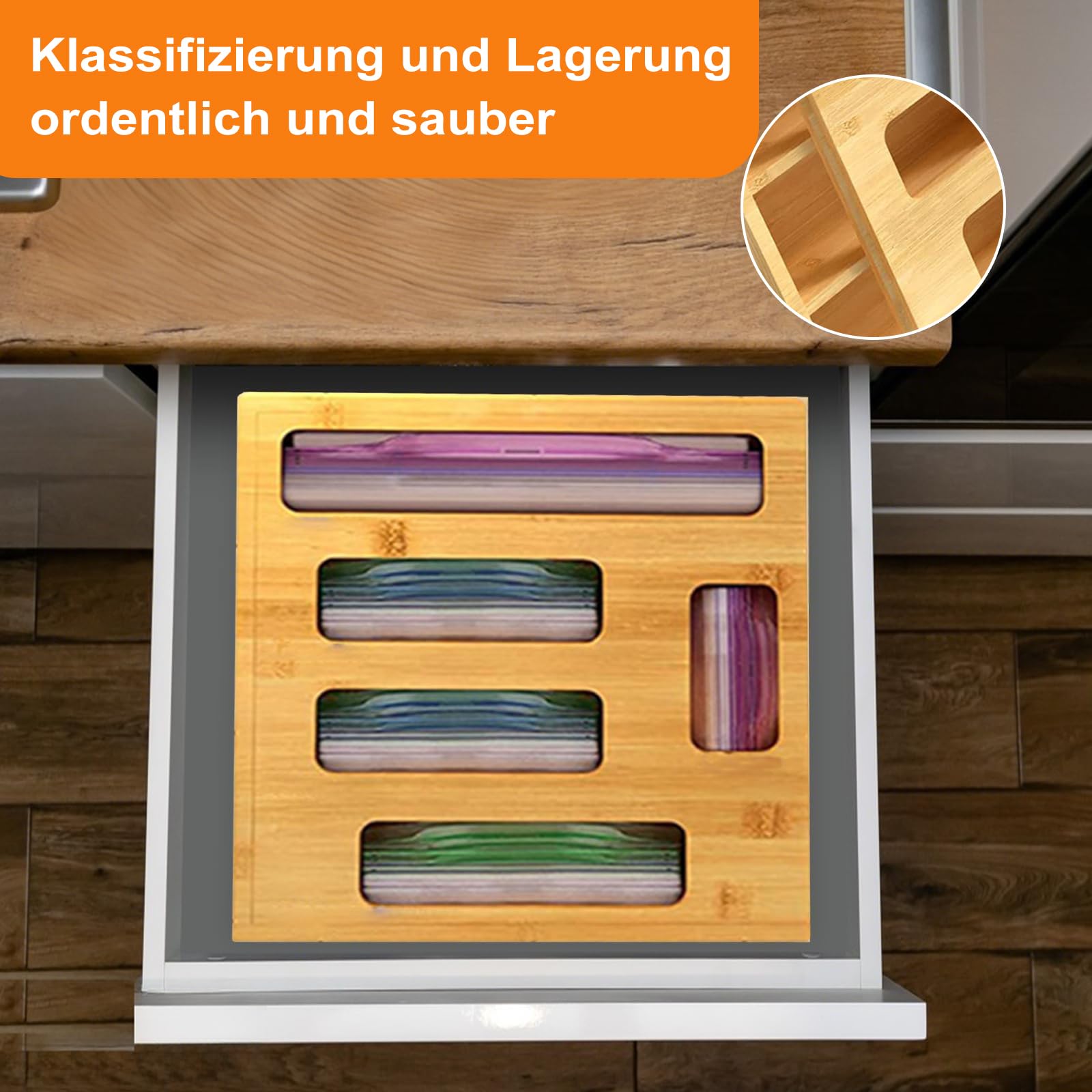 5-in-1 Bambus Ziplock Beutel Aufbewahrungs Organisator, für Lebensmittelbeutel, für Gallonen, Quarts, Sandwich und Snackbeutel, Natur