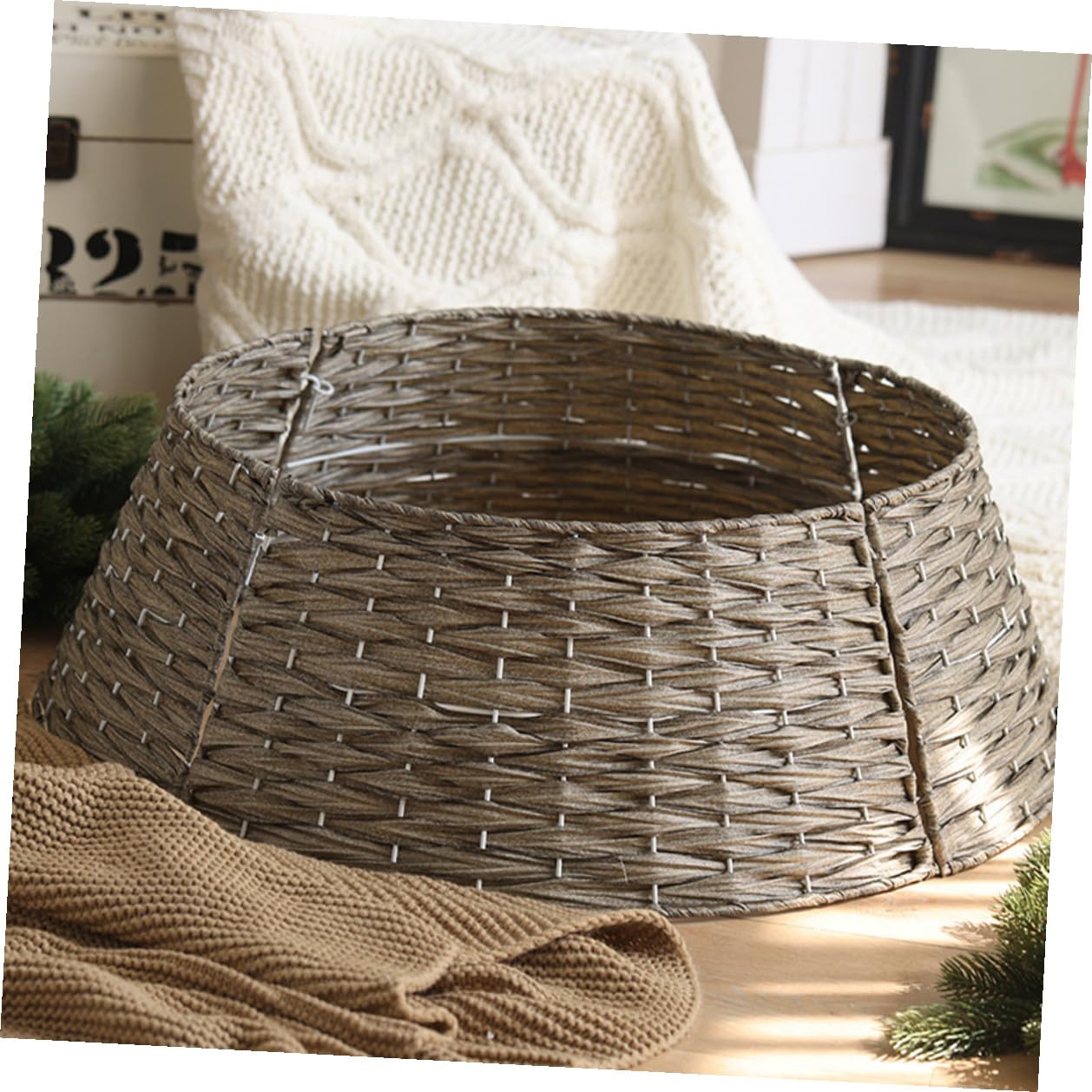 Gonna per Albero di Natale Intrecciata in Rattan Artificiale, Base Coprente Decorativa Grigia, Collare Rustico per Alberi Artificiali, per Decorazioni Natalizie e Feste in Casa